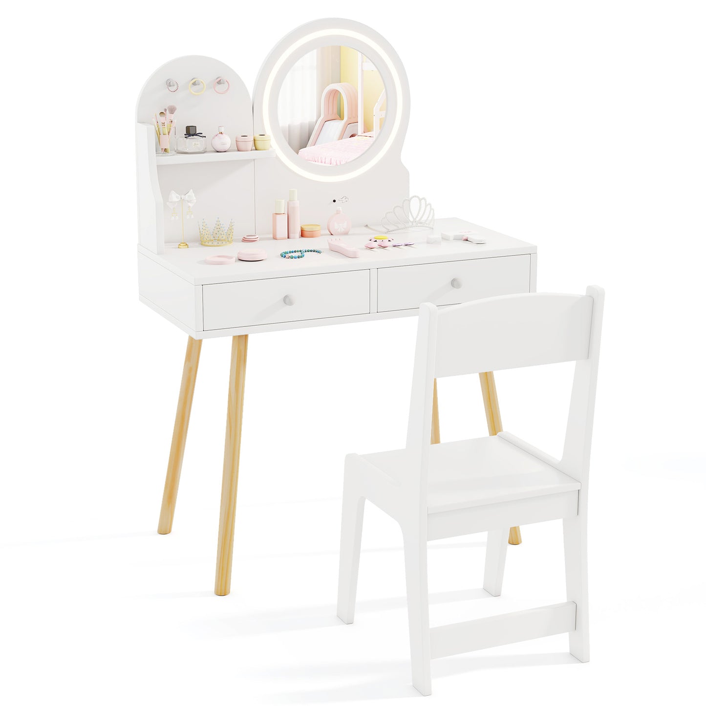 Kids Vanity Table and Chair Set with Lighted Mirror