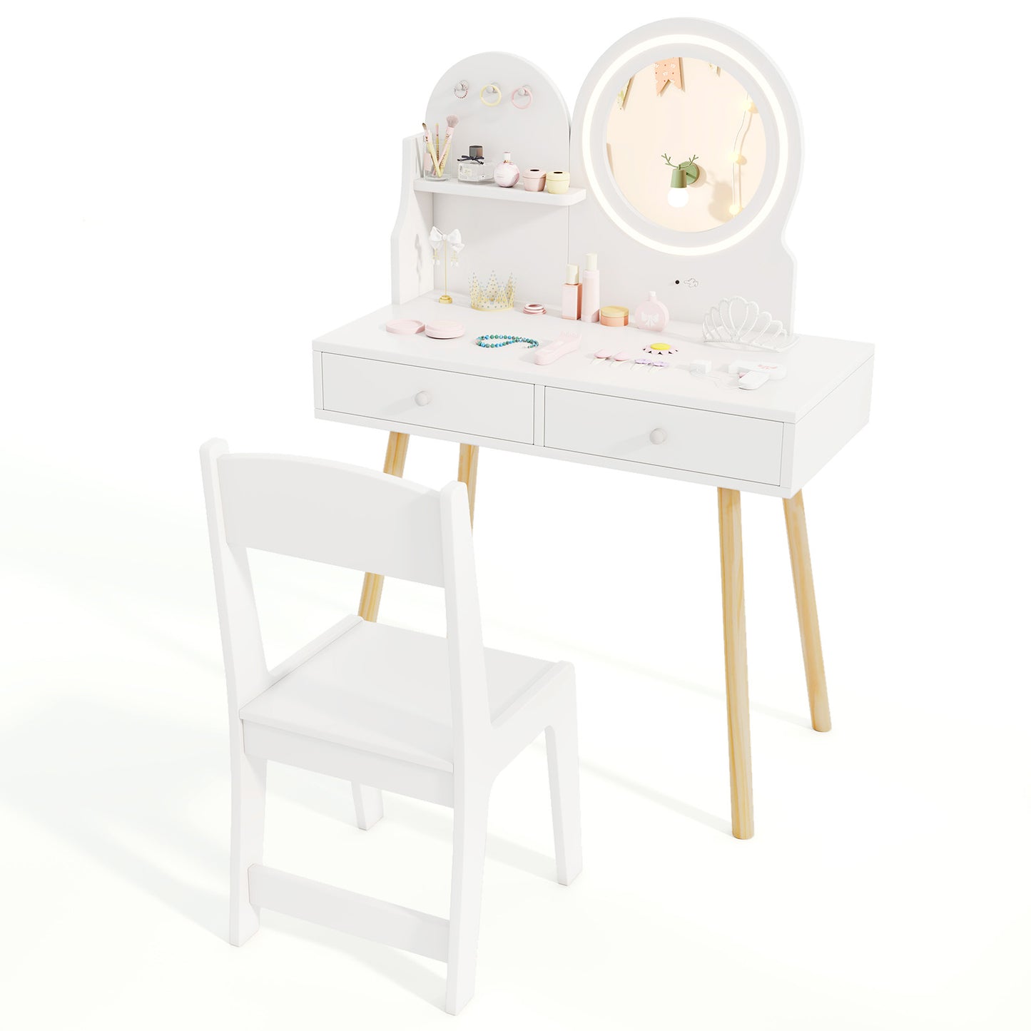 Kids Vanity Table and Chair Set with Lighted Mirror