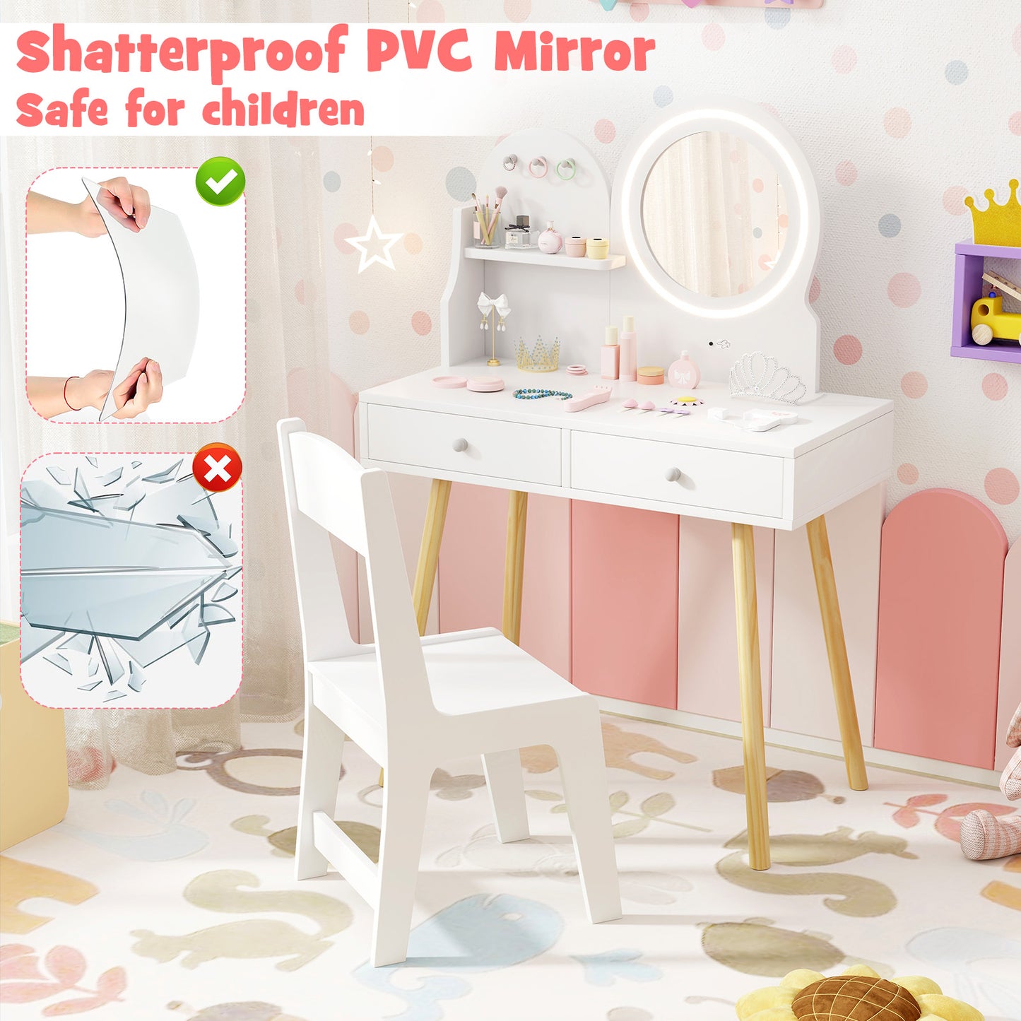 Kids Vanity Table and Chair Set with Lighted Mirror