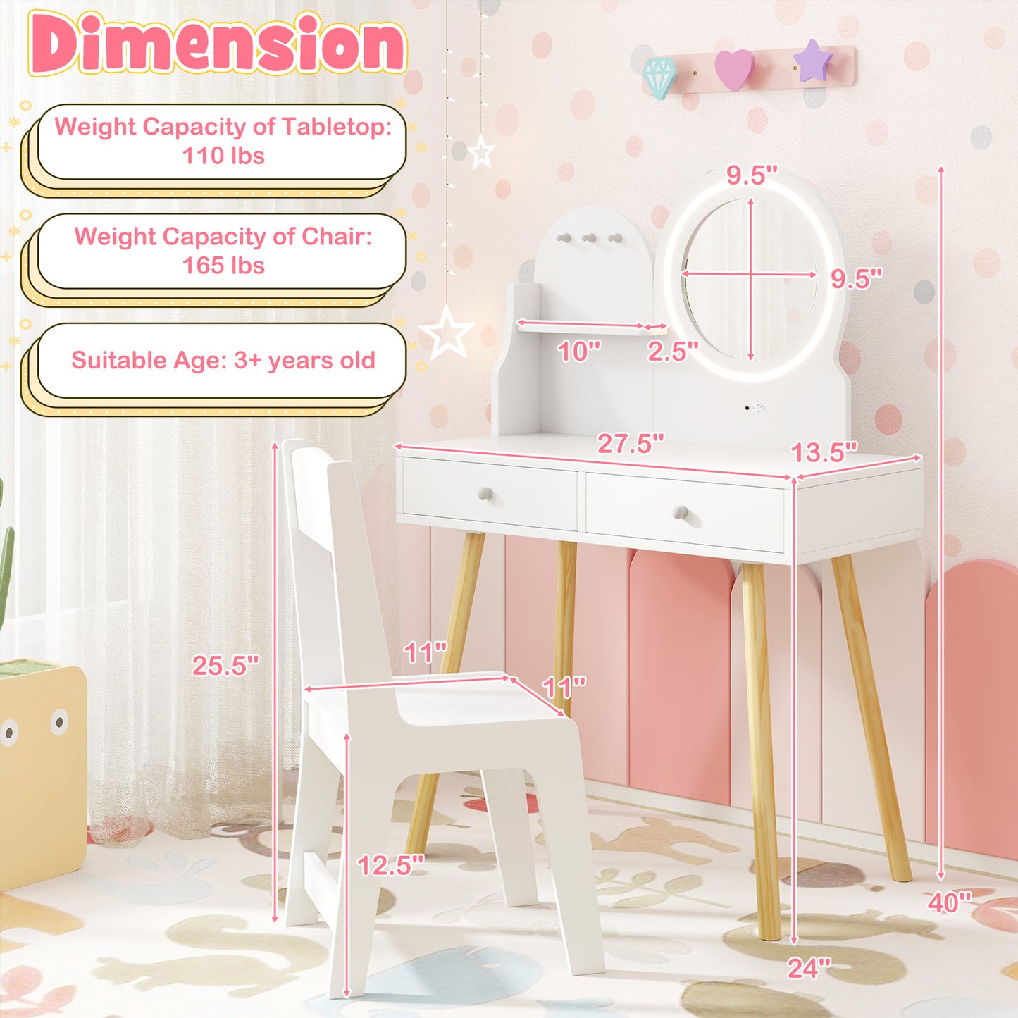 Kids Vanity Table and Chair Set with Lighted Mirror