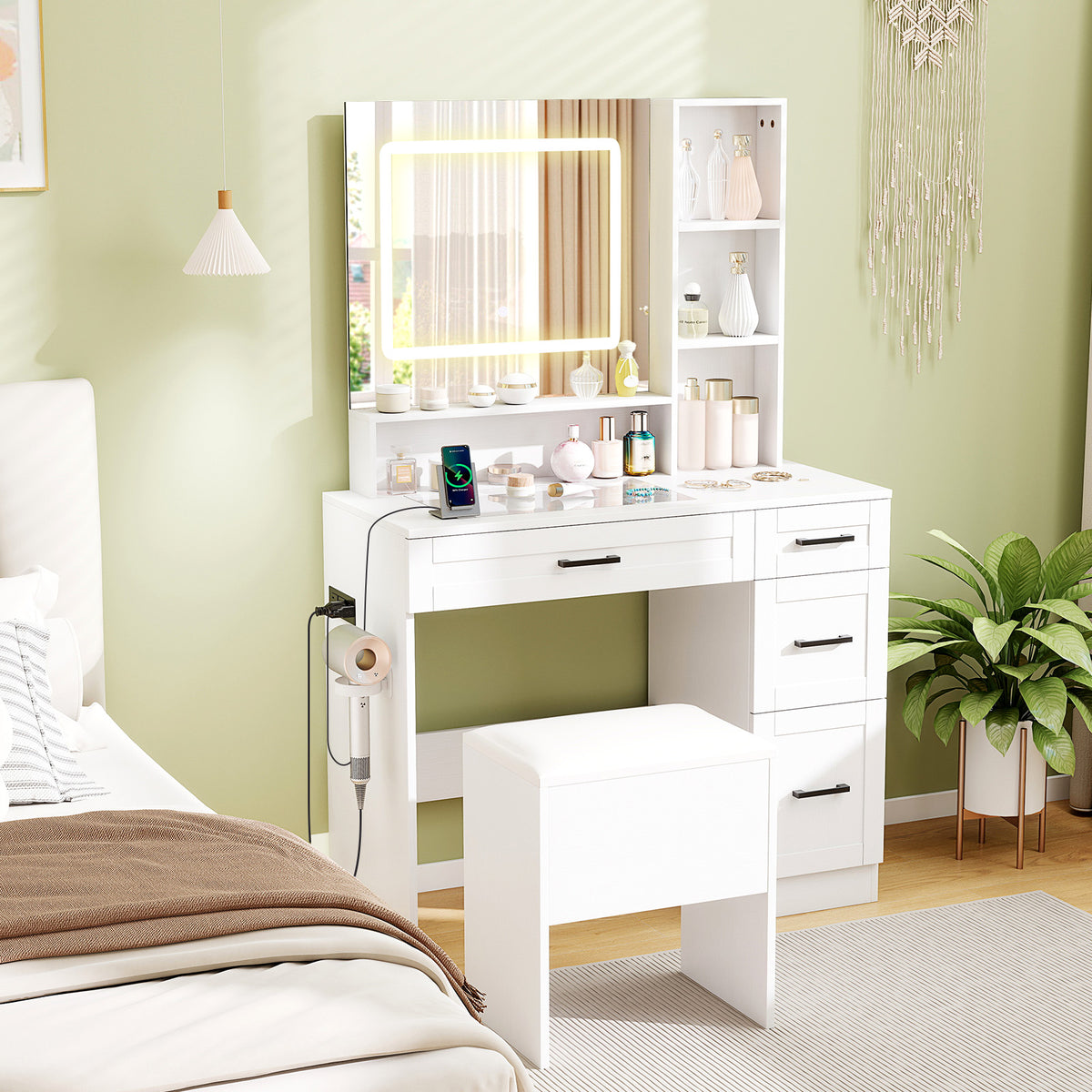 Makeup Vanity Desk with LED Mirror and Hair Dryer Holder