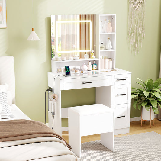 Makeup Vanity Desk with LED Mirror and Hair Dryer Holder