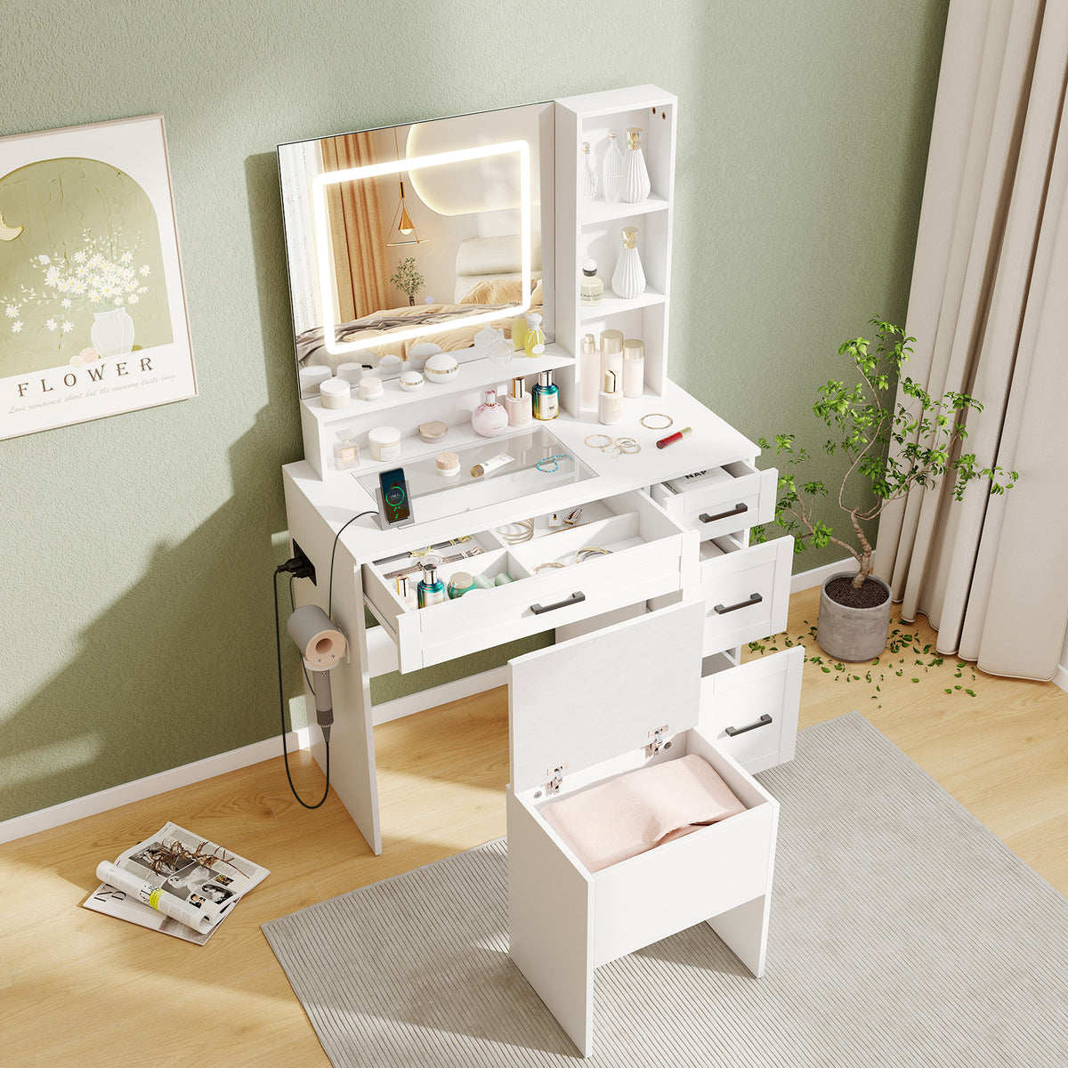 Makeup Vanity Desk with LED Mirror and Hair Dryer Holder