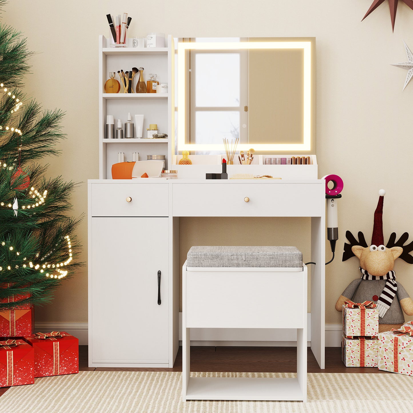 Vanity Table Set with Lighted Mirror and Storage Bench