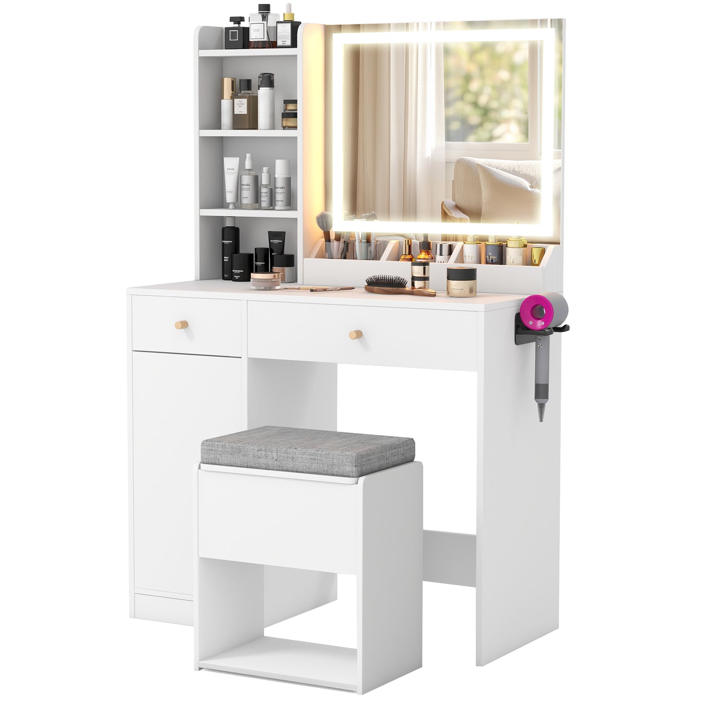 Vanity Table Set with Lighted Mirror and Storage Bench