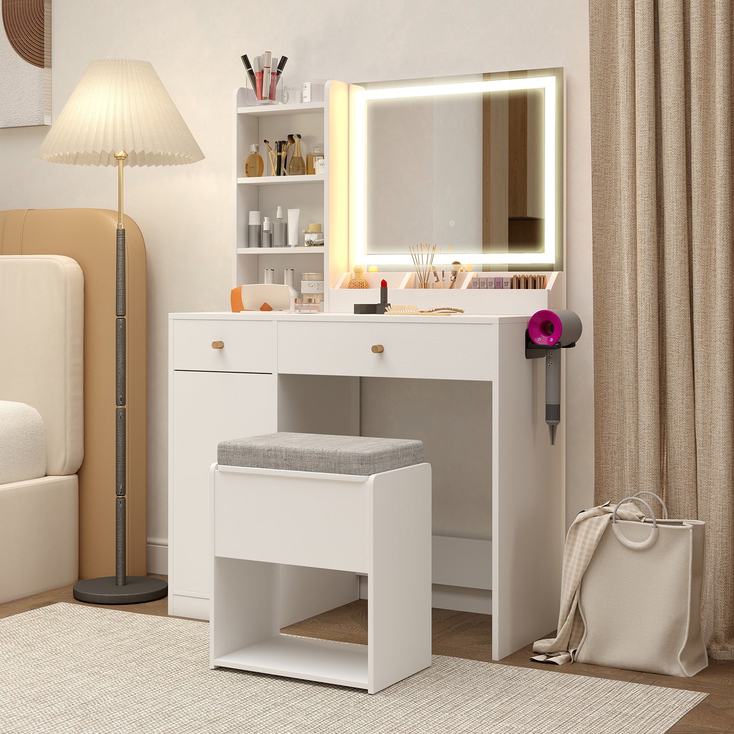 Vanity Table Set with Lighted Mirror and Storage Bench