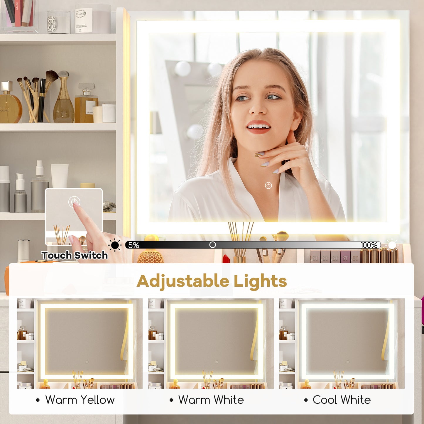 Vanity Table Set with Lighted Mirror and Storage Bench
