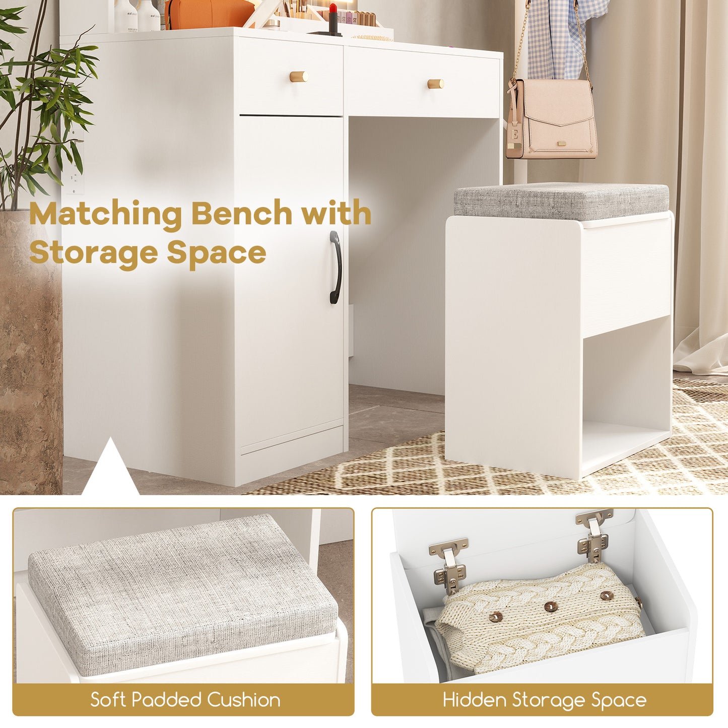 Vanity Table Set with Lighted Mirror and Storage Bench