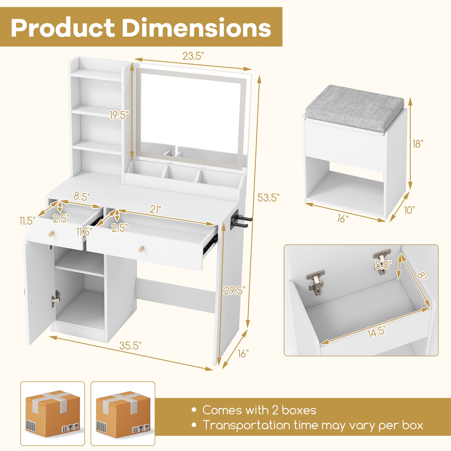 Vanity Table Set with Lighted Mirror and Storage Bench