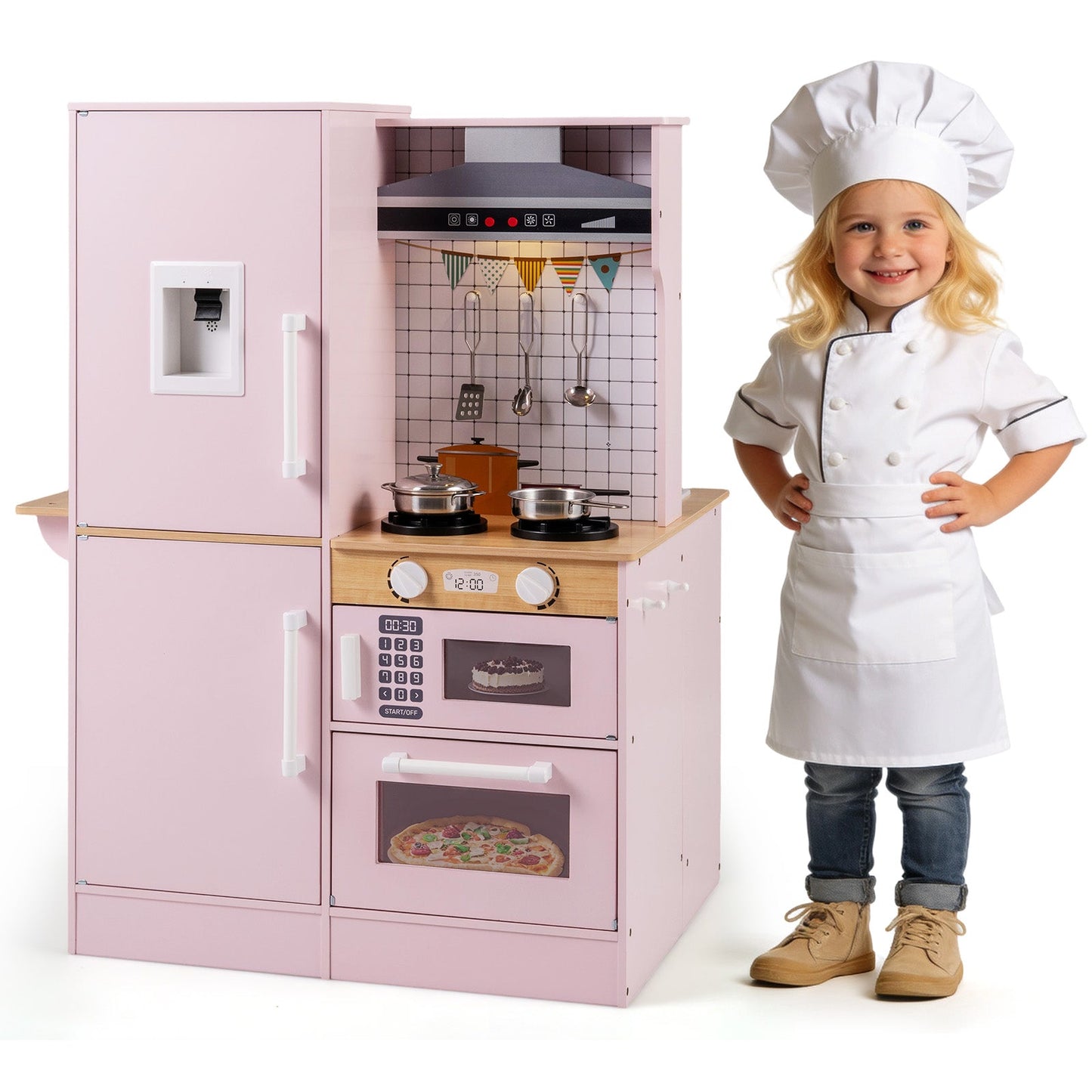 Dual-Sided Kids Play Kitchen with Water Dispenser and Range Hood for 3+ Years Old