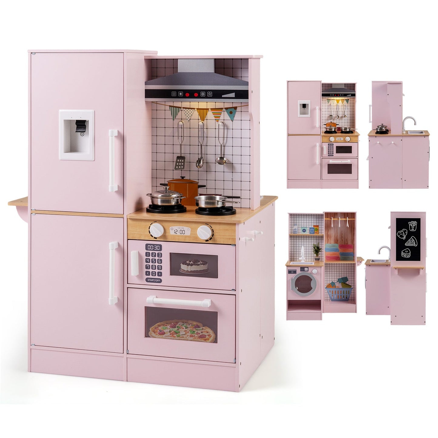 Dual-Sided Kids Play Kitchen with Water Dispenser and Range Hood for 3+ Years Old