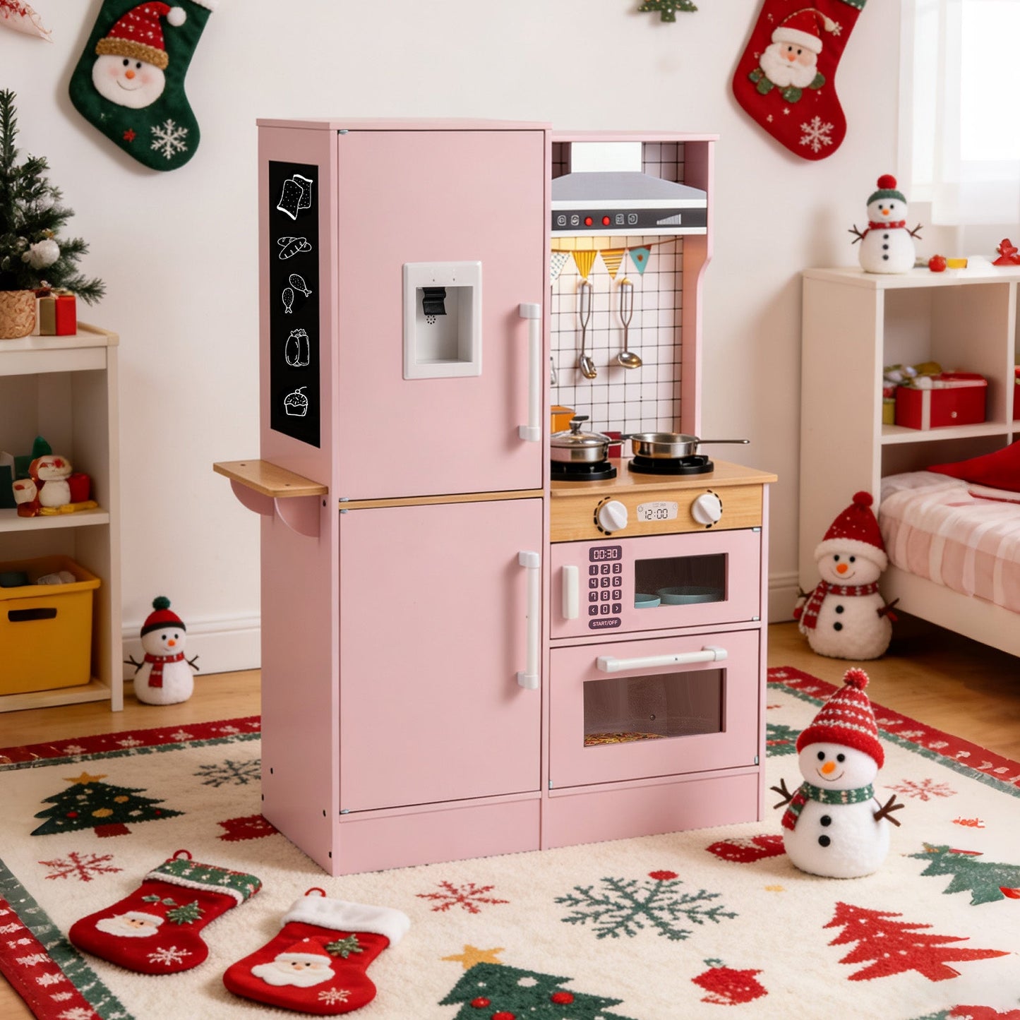 Dual-Sided Kids Play Kitchen with Water Dispenser and Range Hood for 3+ Years Old