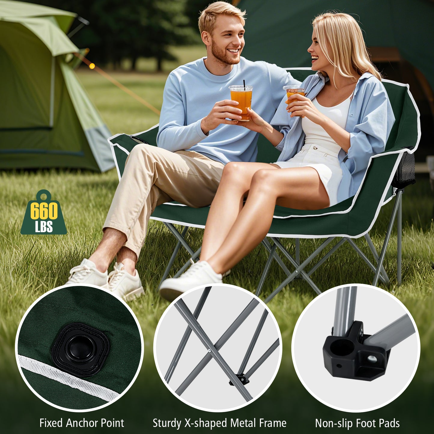 Oversized Duo Camping Loveseat Chair with Cup Holders