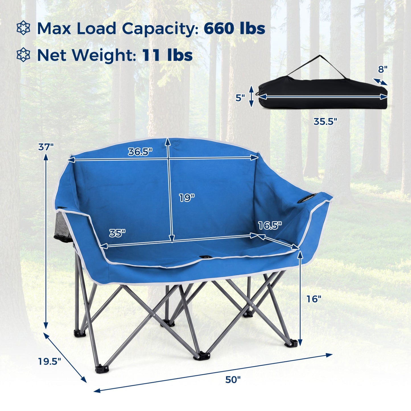 Oversized Duo Camping Loveseat Chair with Cup Holders
