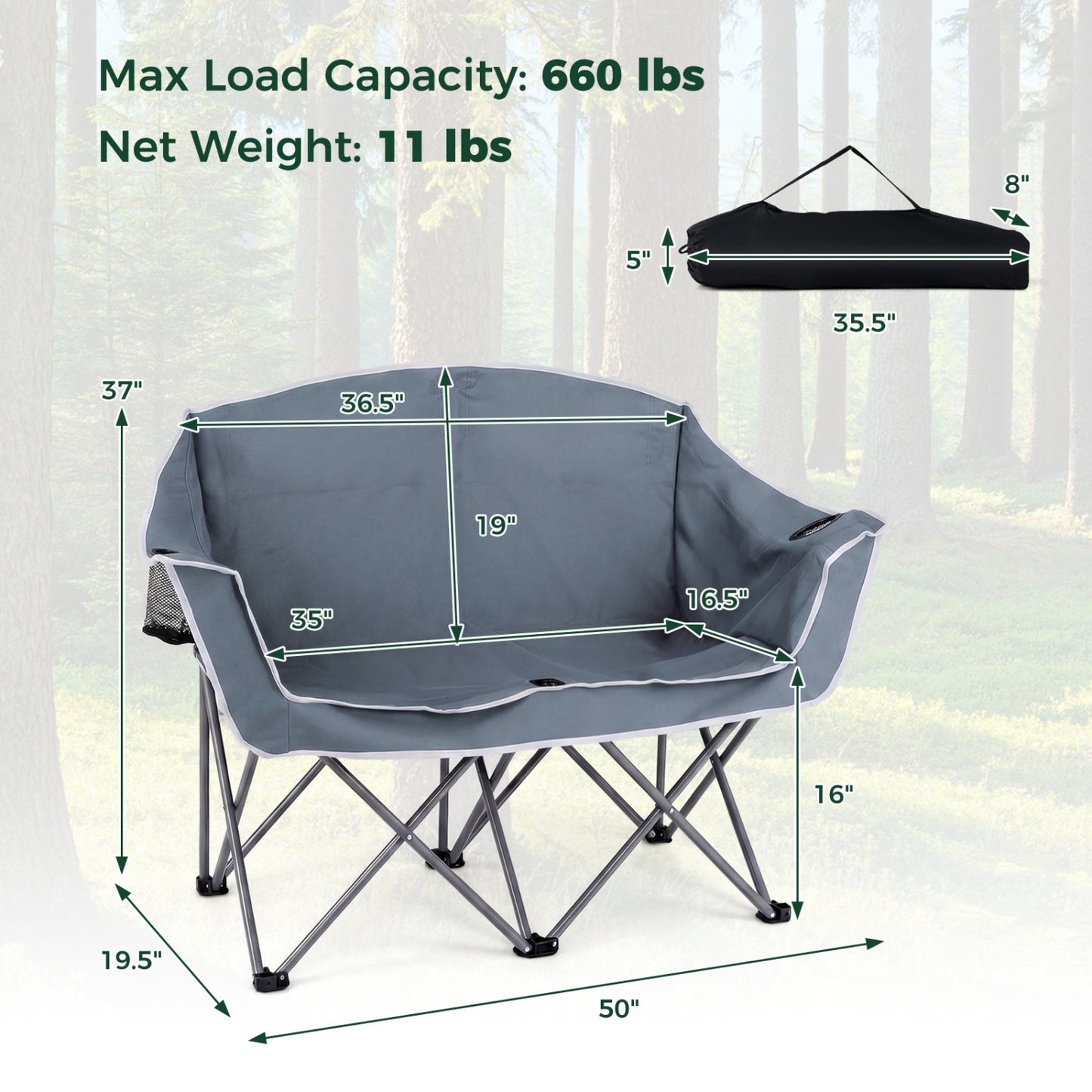 Oversized Duo Camping Loveseat Chair with Cup Holders