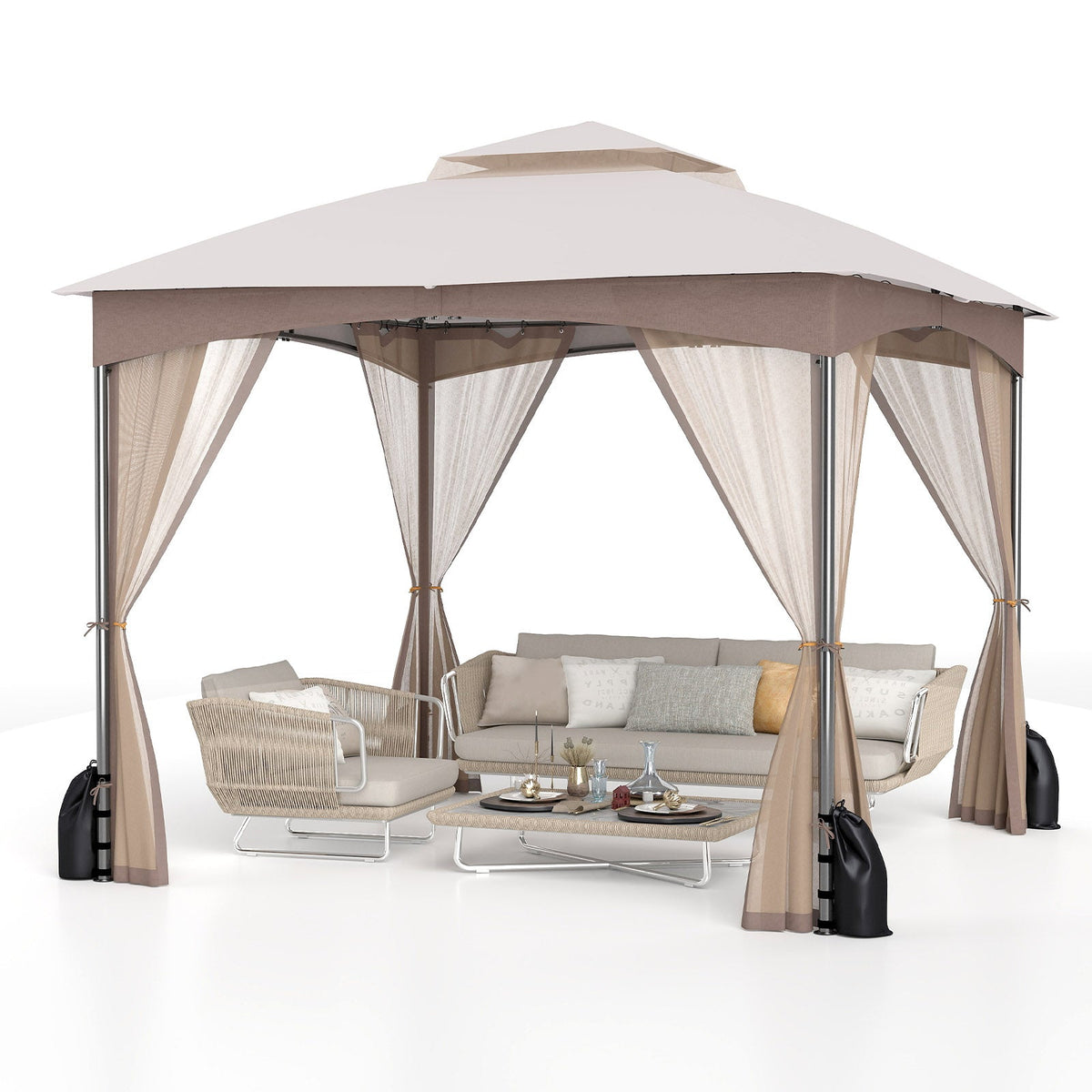 10 X 10 FT Heavy-Duty Patio Gazebo with Netting Walls and 4 Sandbags