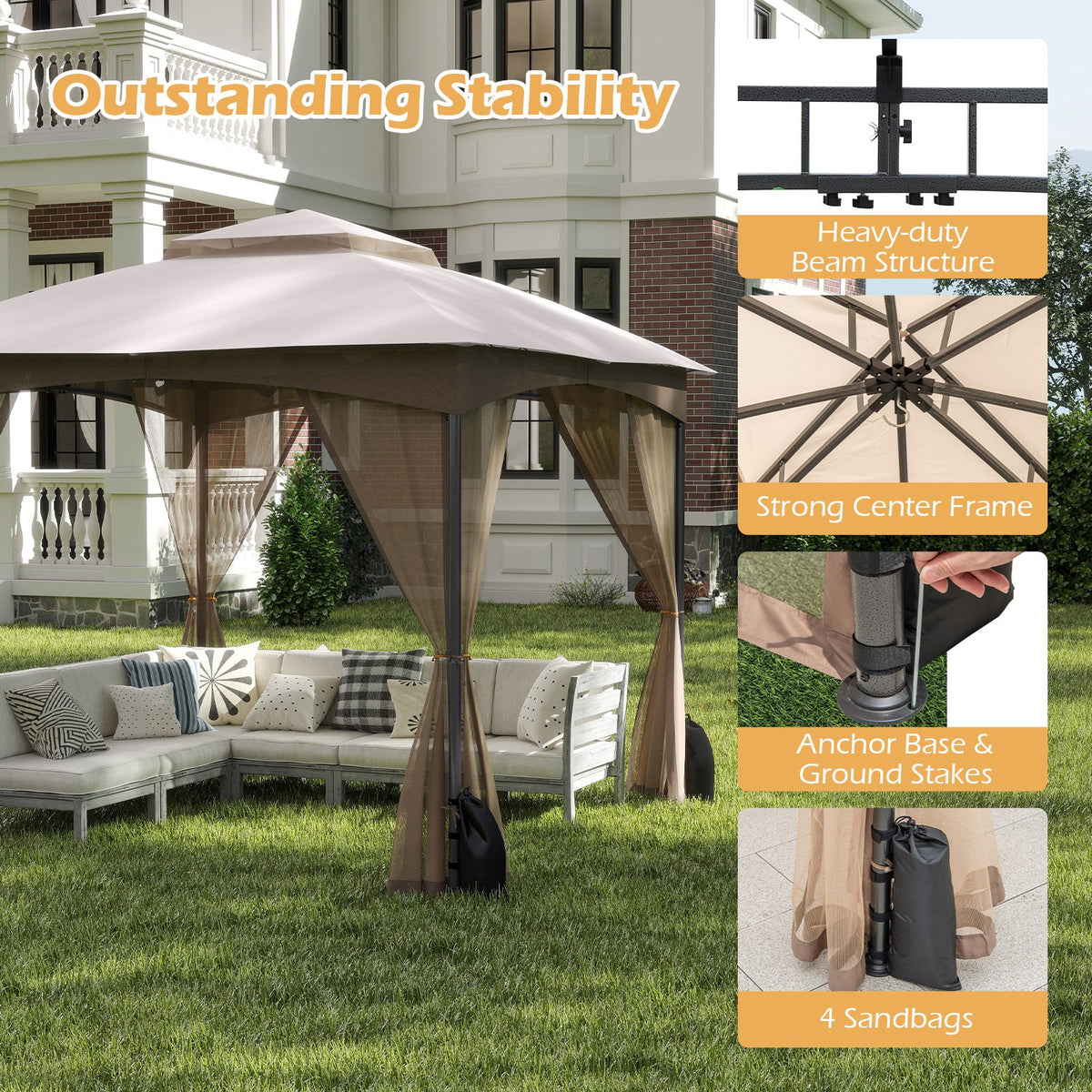 10 X 10 FT Heavy-Duty Patio Gazebo with Netting Walls and 4 Sandbags