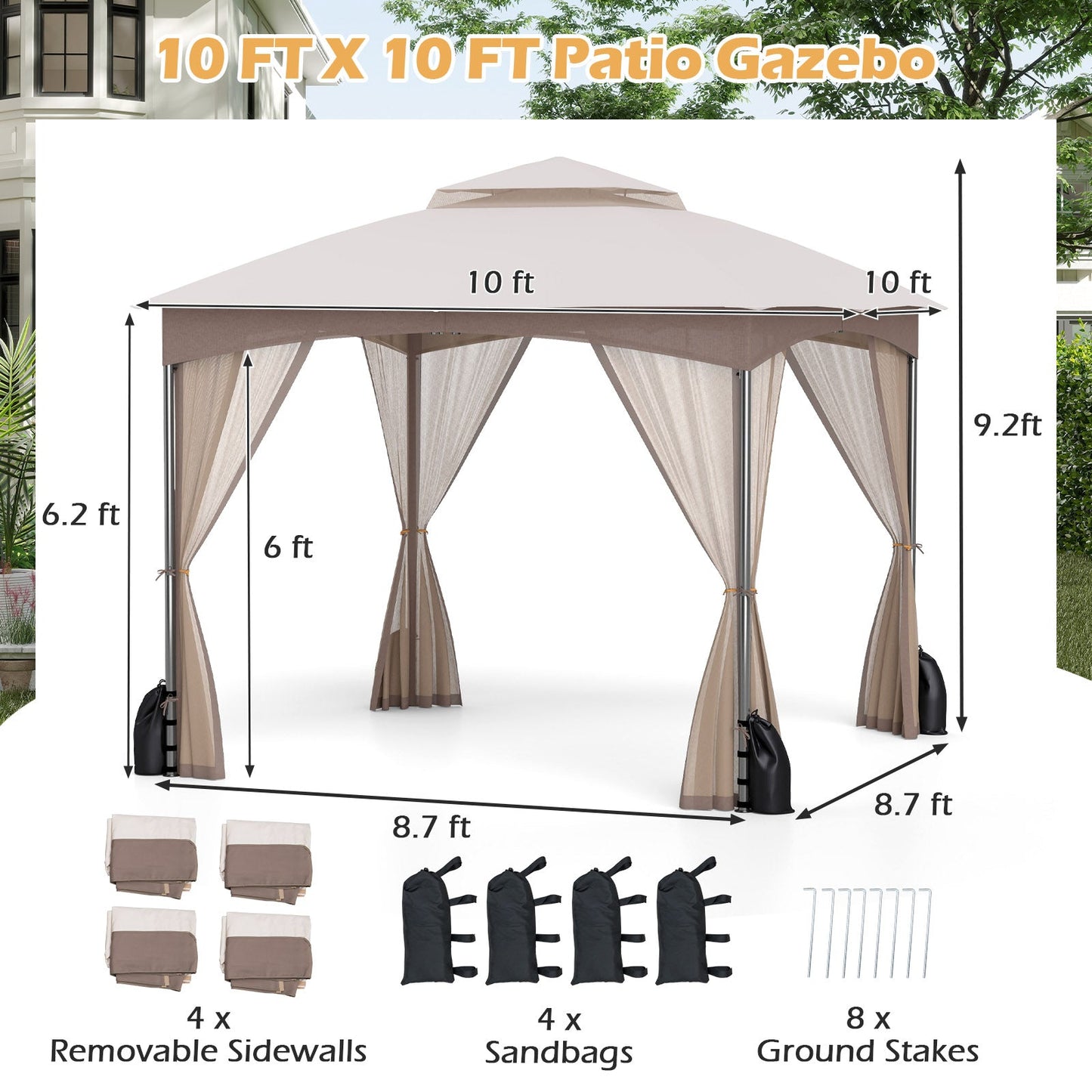 10 X 10 FT Heavy-Duty Patio Gazebo with Netting Walls and 4 Sandbags