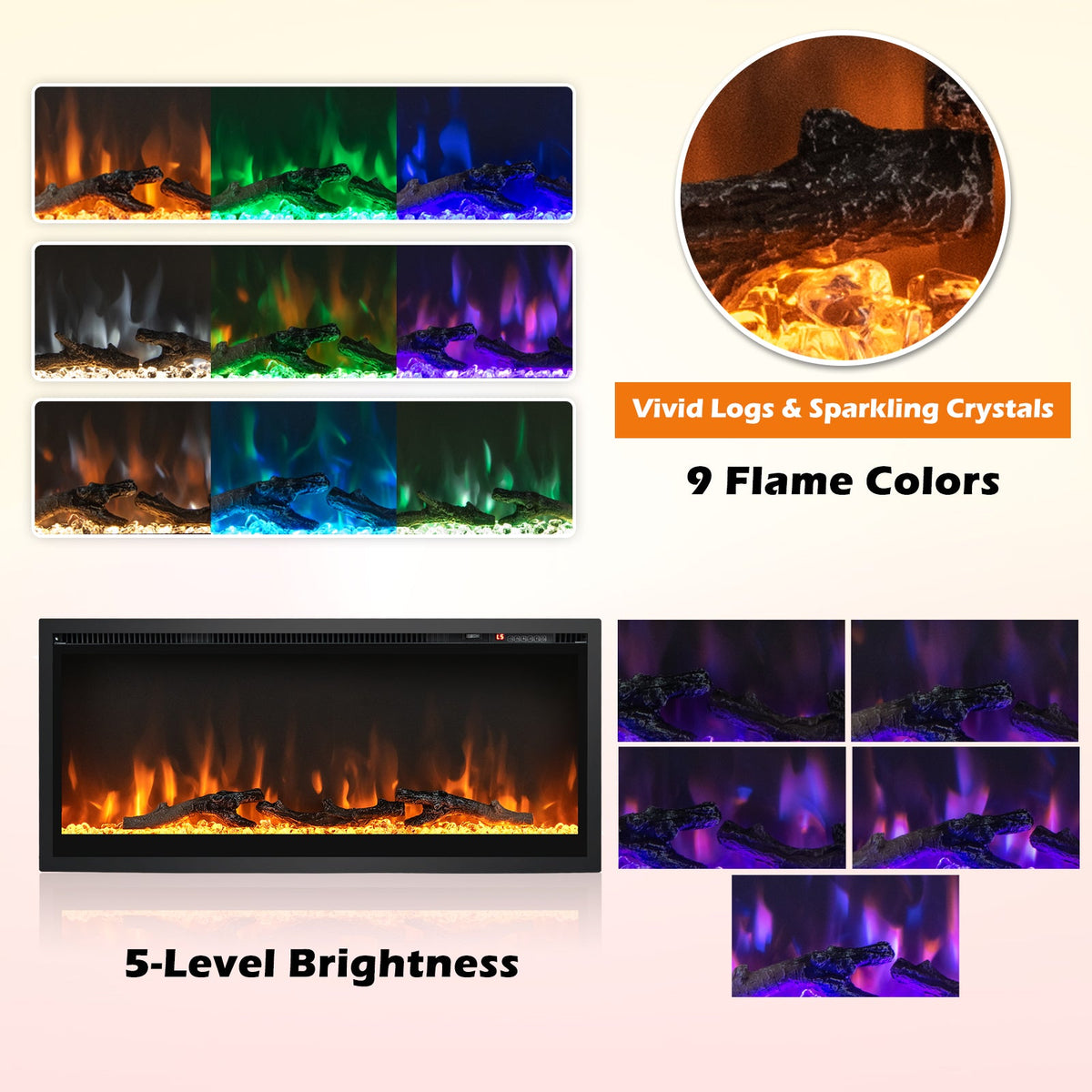 Electric Fireplace in-Wall Recessed with Remote Control and Adjustable Color and Brightness