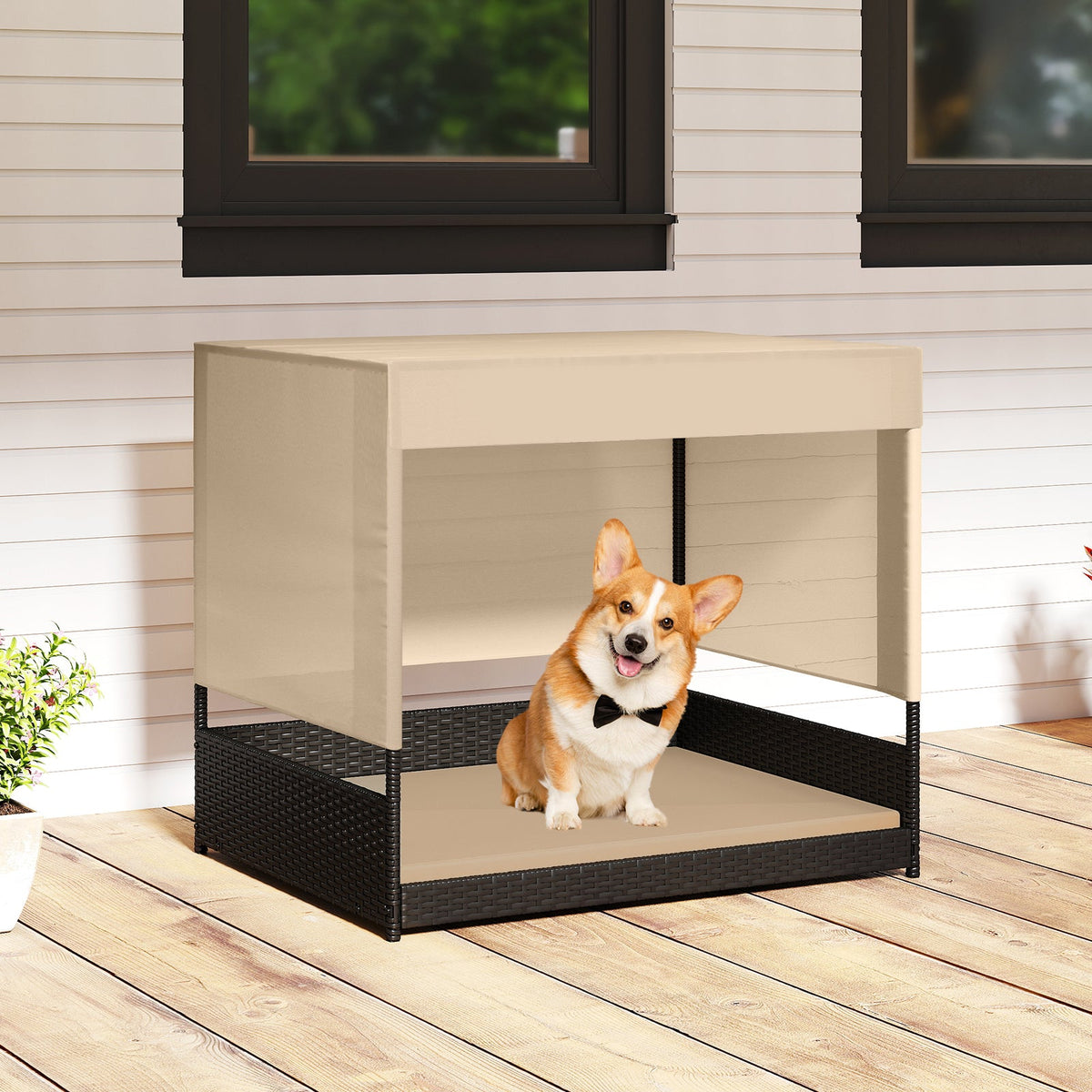 Elevated Wicker Dog House for Small to Medium Breeds-Black
