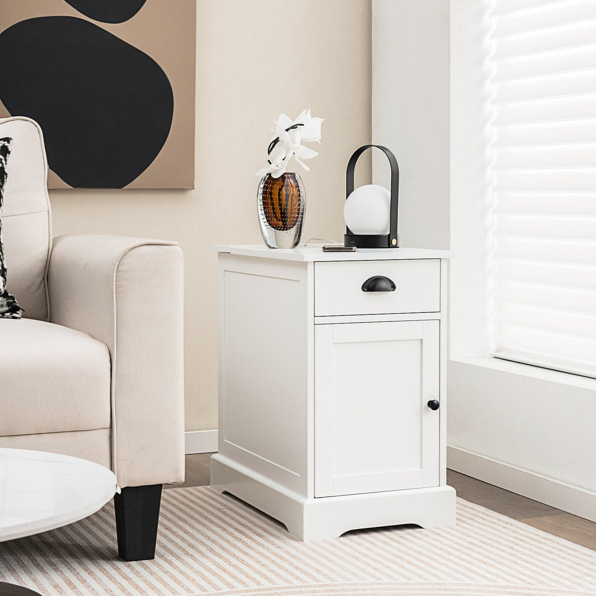 End Table with Charging Station and Flip Top-White
