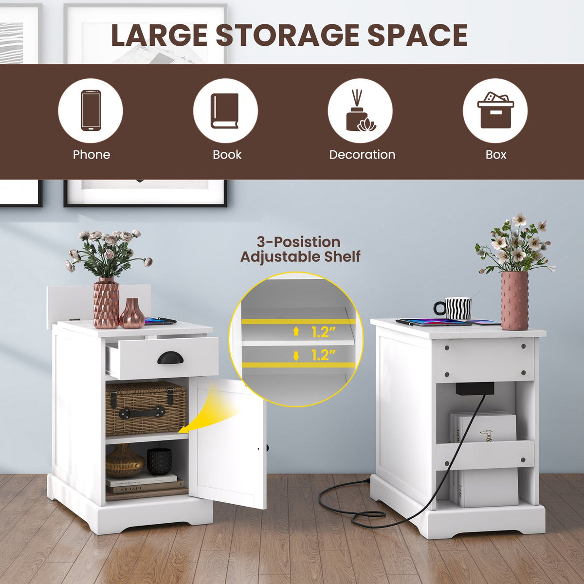 End Table with Charging Station and Flip Top-White