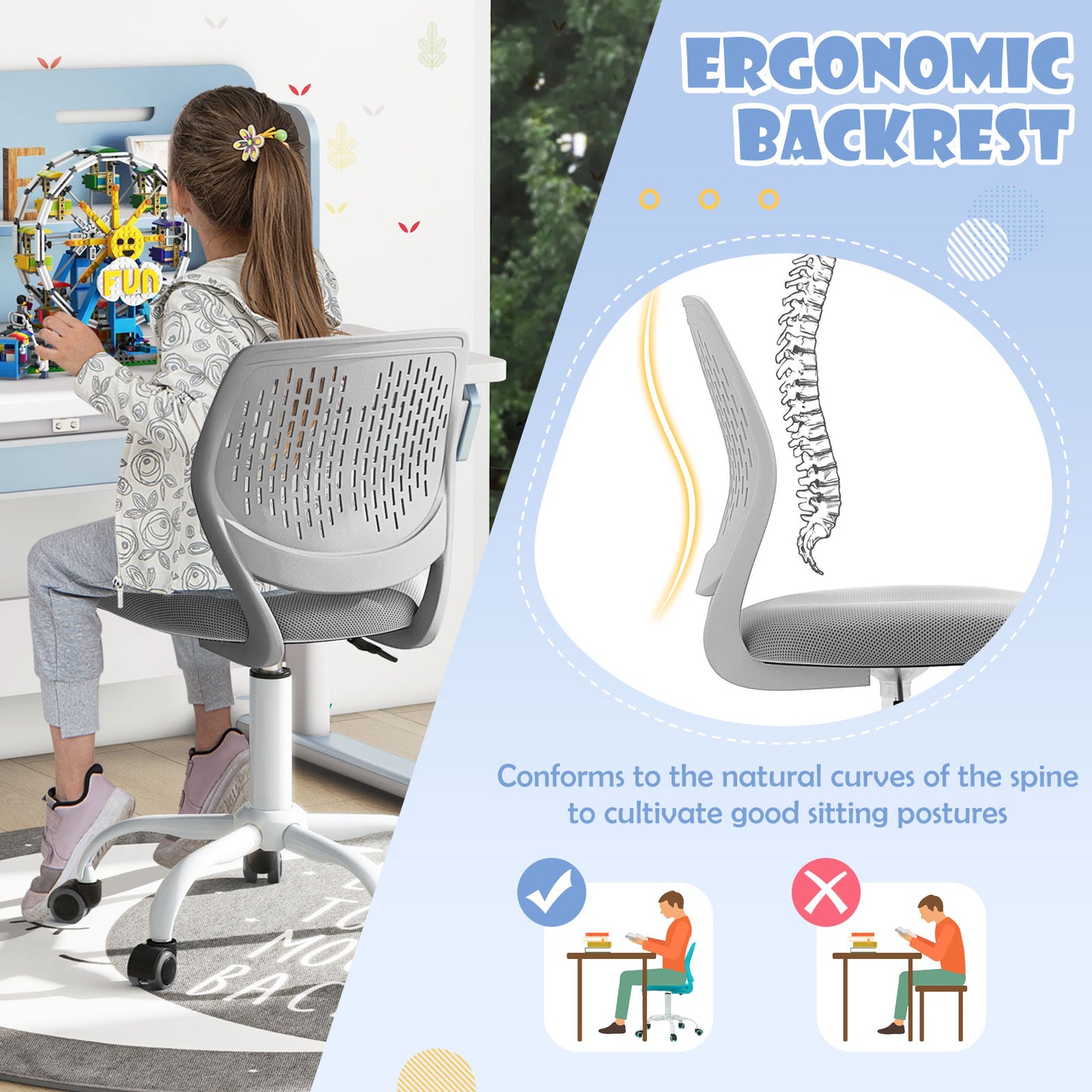 Kids Desk Chair with Adjustable Height and Mesh Back