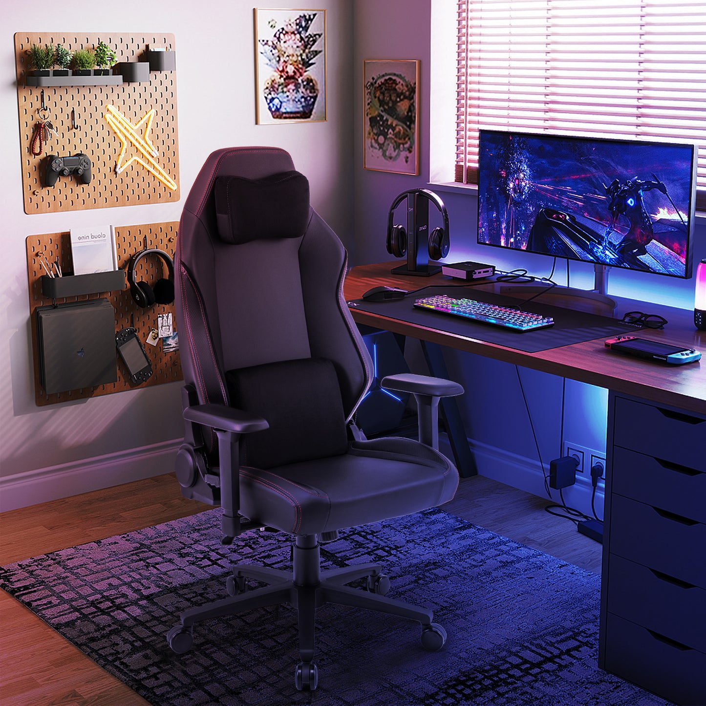 Ergonomic Gaming Chair with Magnetic Headrest & Lumbar Support
