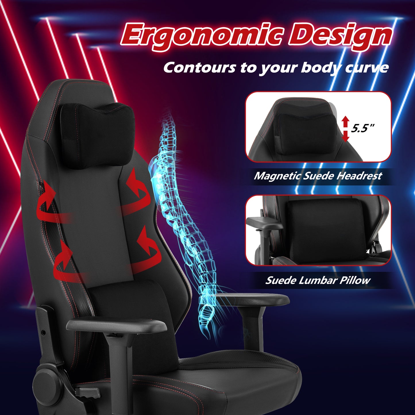 Ergonomic Gaming Chair with Magnetic Headrest & Lumbar Support