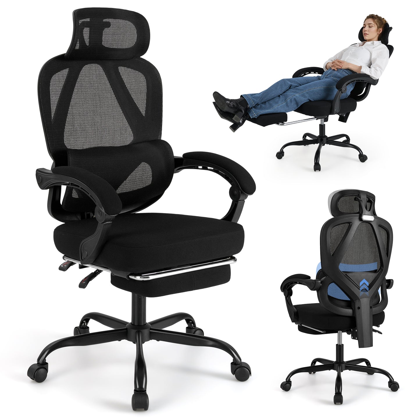 Ergonomic Office Chair with Retractable Footrest High Back Mesh