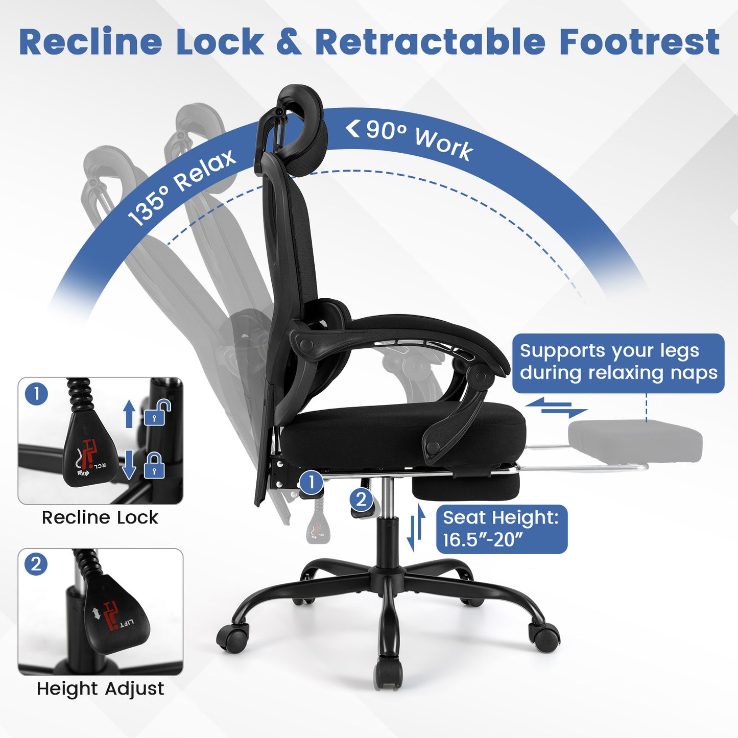 Ergonomic Office Chair with Retractable Footrest High Back Mesh