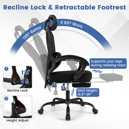 Ergonomic Office Chair with Retractable Footrest High Back Mesh