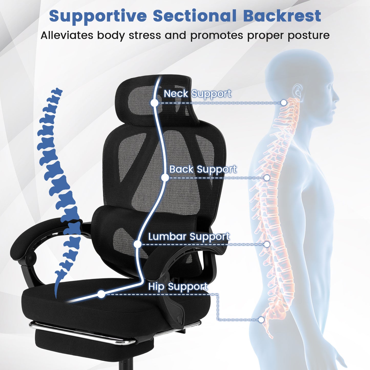 Ergonomic Office Chair with Retractable Footrest High Back Mesh