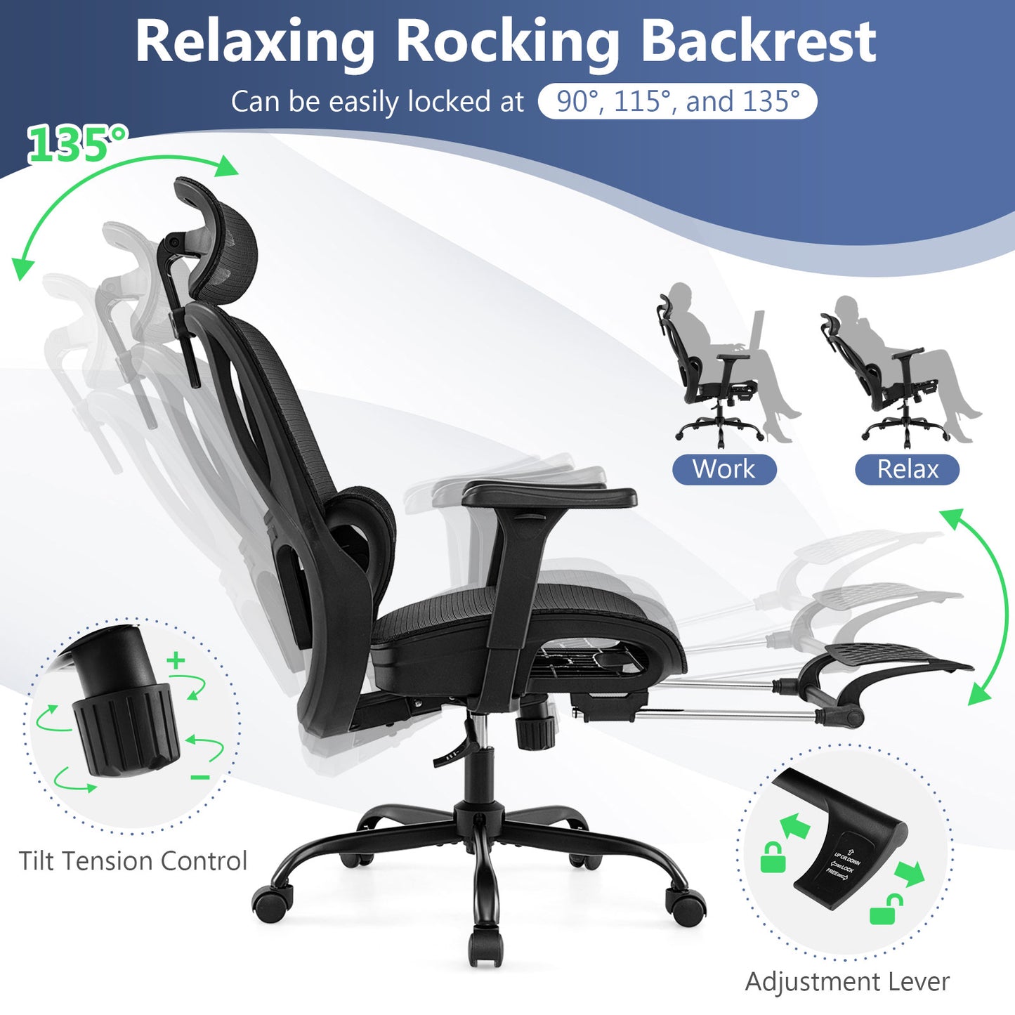 Ergonomic Office Chair with Rotating Headrest and Footrest