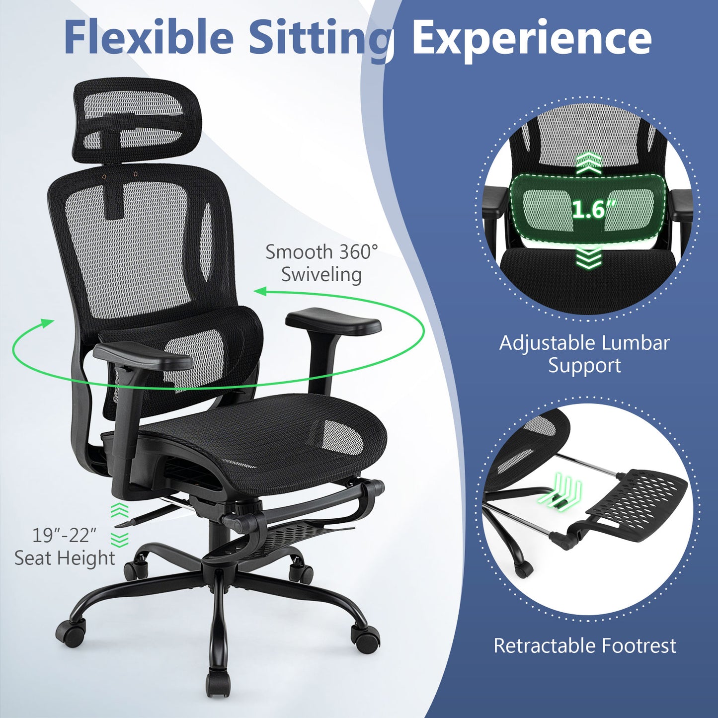 Ergonomic Office Chair with Rotating Headrest and Footrest
