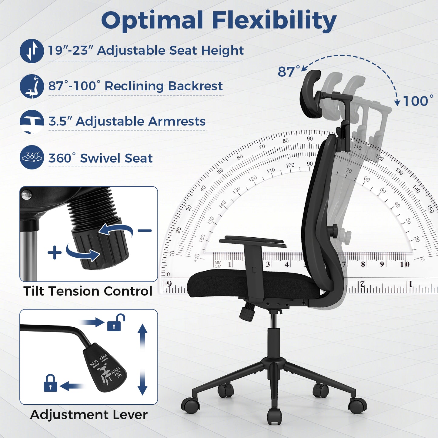 Ergonomic Office Chair with 3D Headrest and Reclining Back