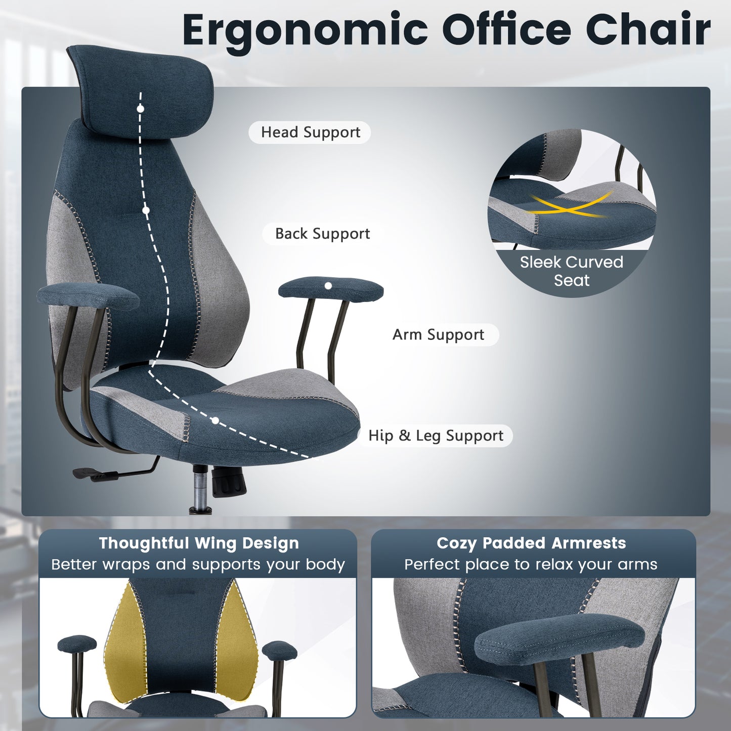 Ergonomic Office Chair with 2D Headrest & Rocking Backrest