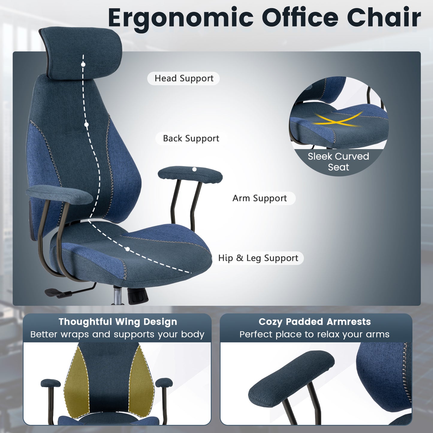 Ergonomic Office Chair with 2D Headrest & Rocking Backrest