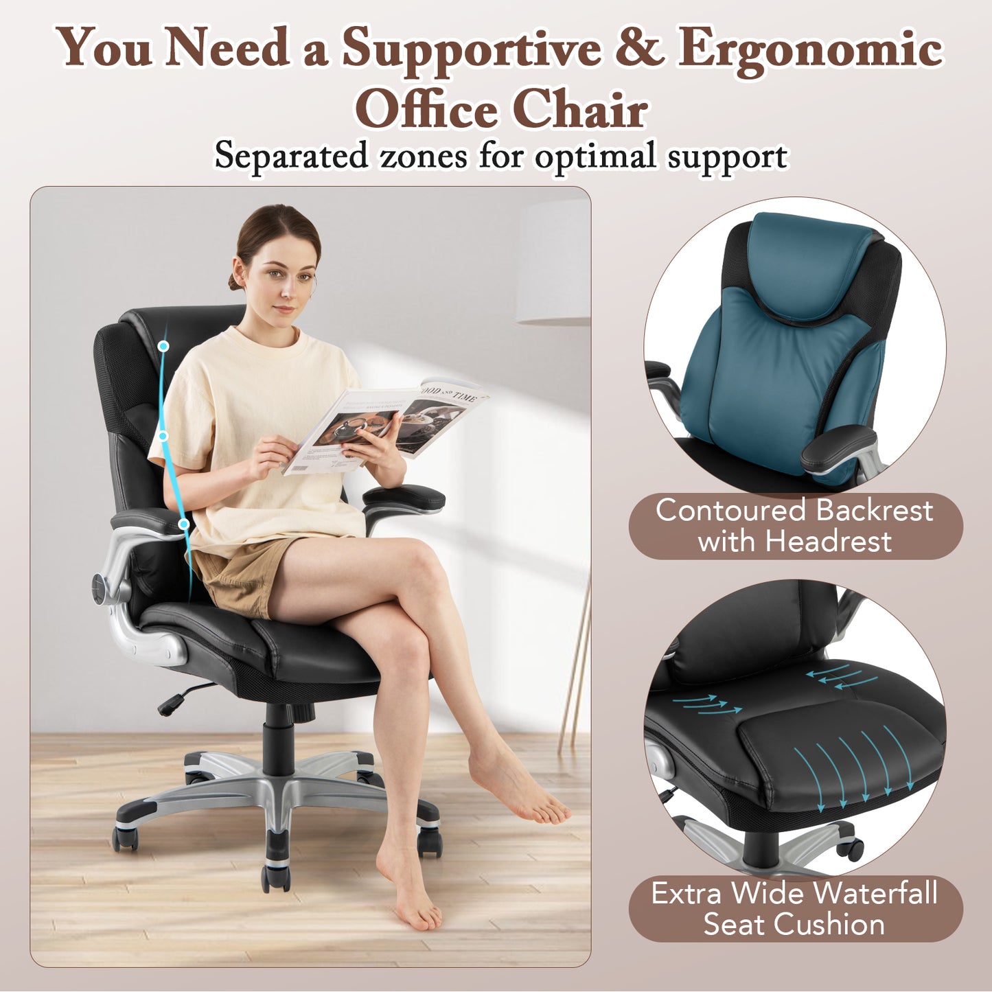 Executive Office Chair with Flip-Up Armrests & Rocking Function