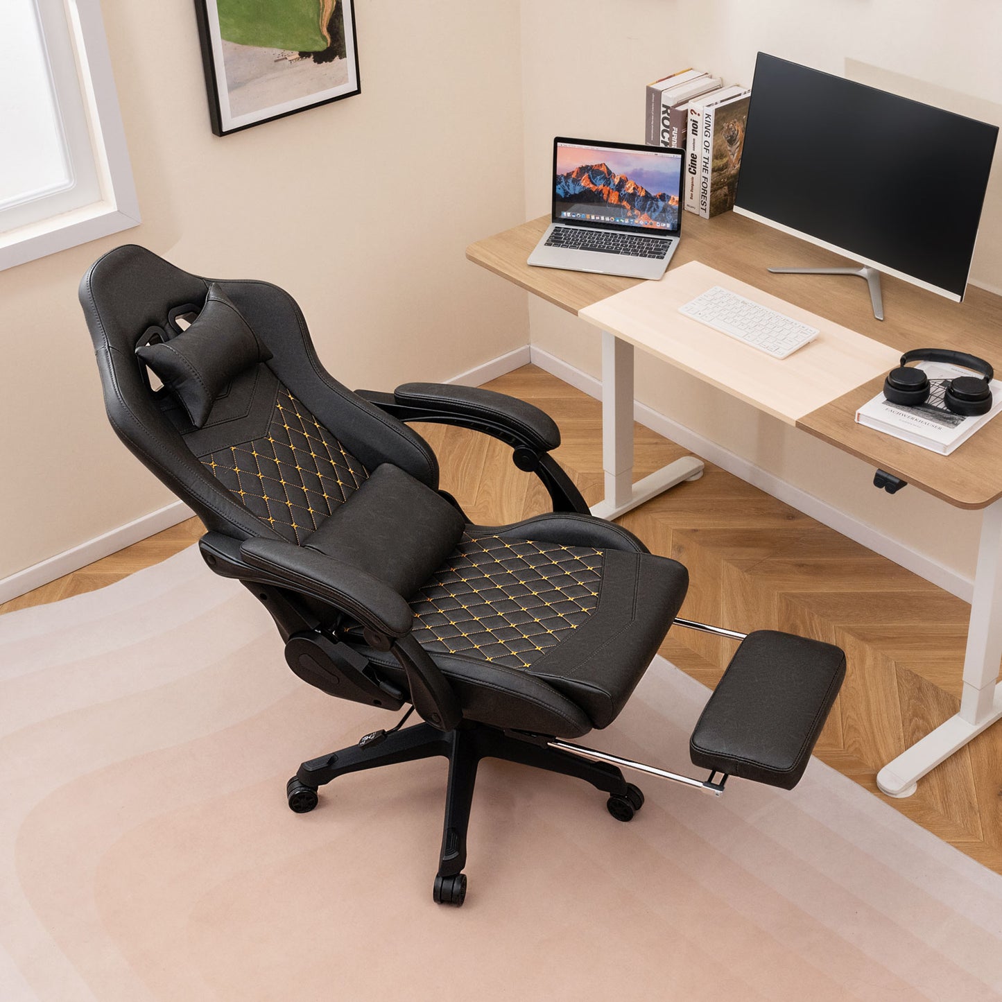 Gaming Chair with Footrest, Headrest & Lumbar Support - Black