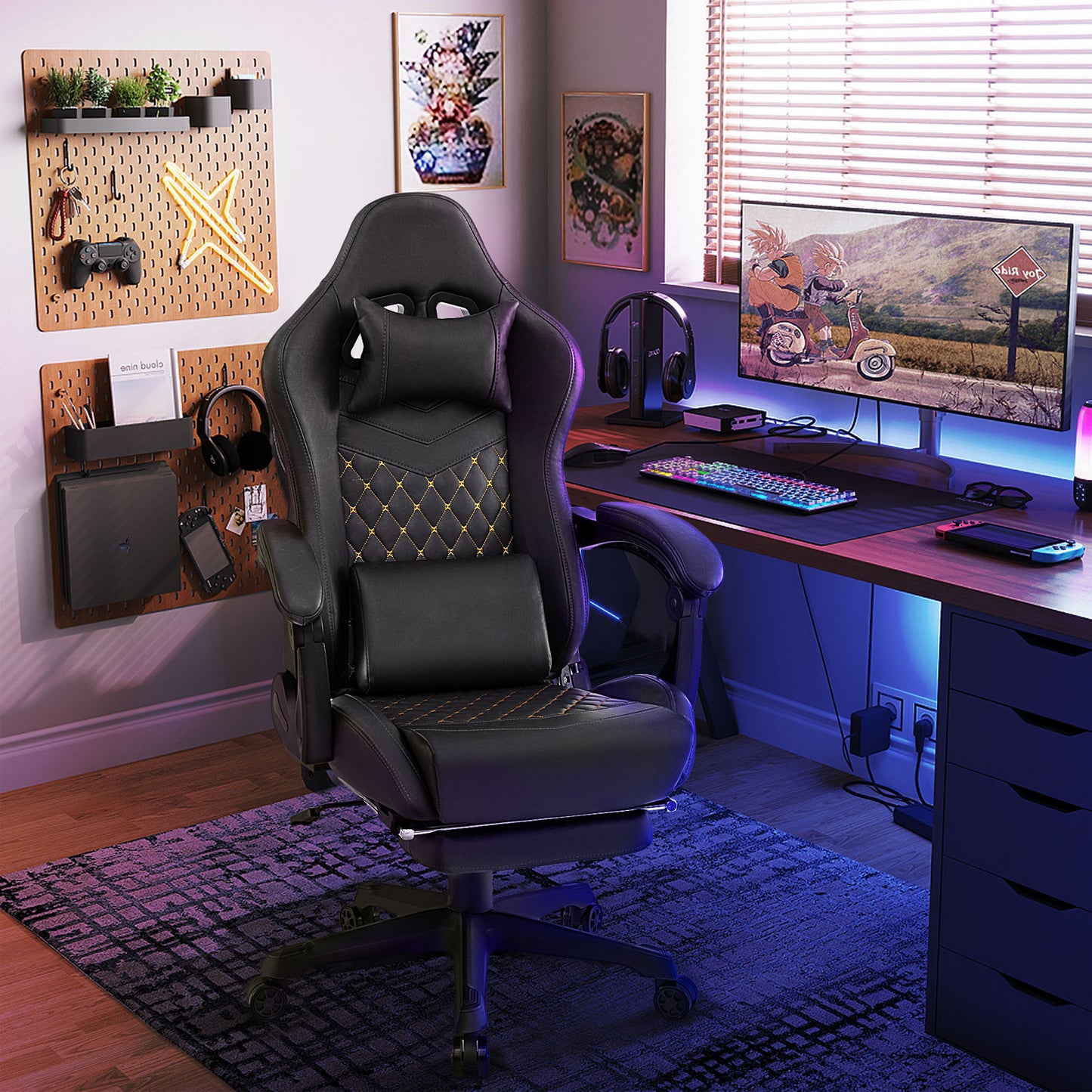 Gaming Chair with Footrest, Headrest & Lumbar Support - Black