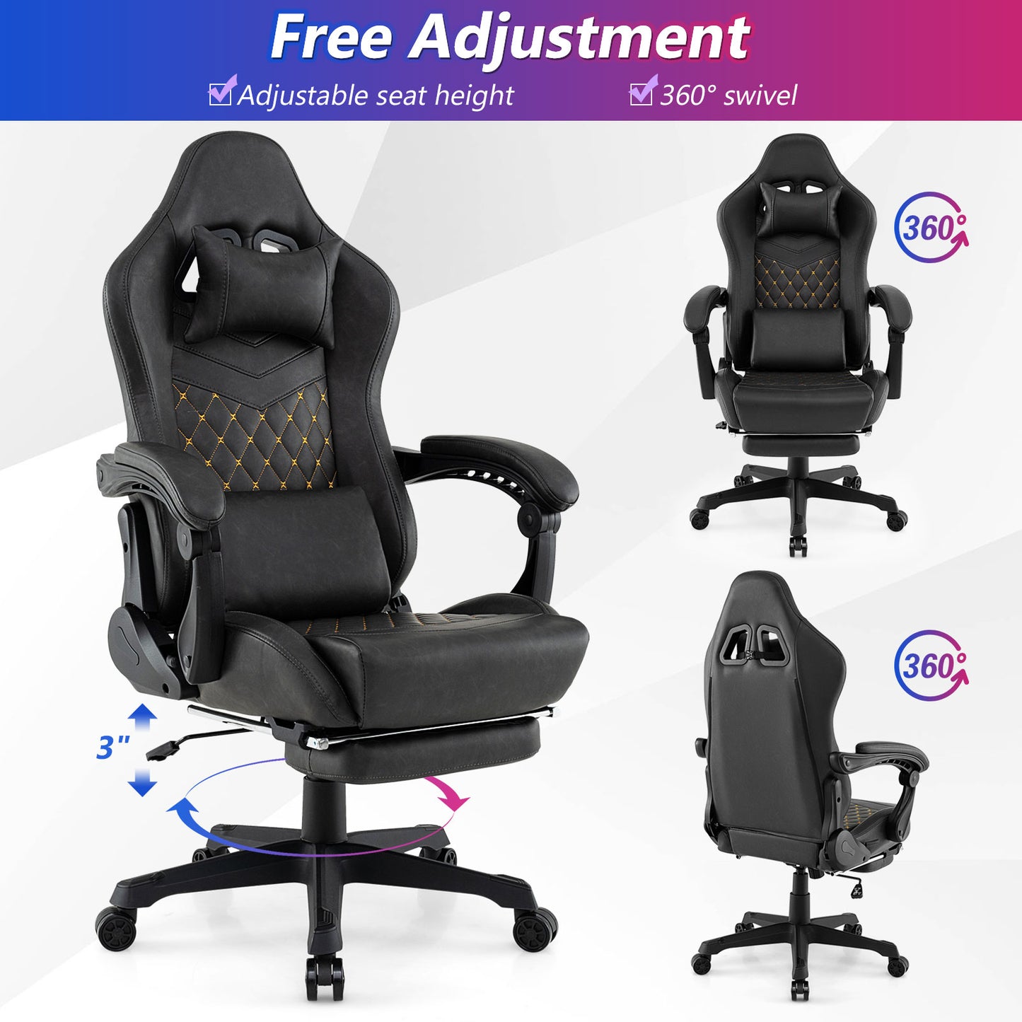 Gaming Chair with Footrest, Headrest & Lumbar Support - Black