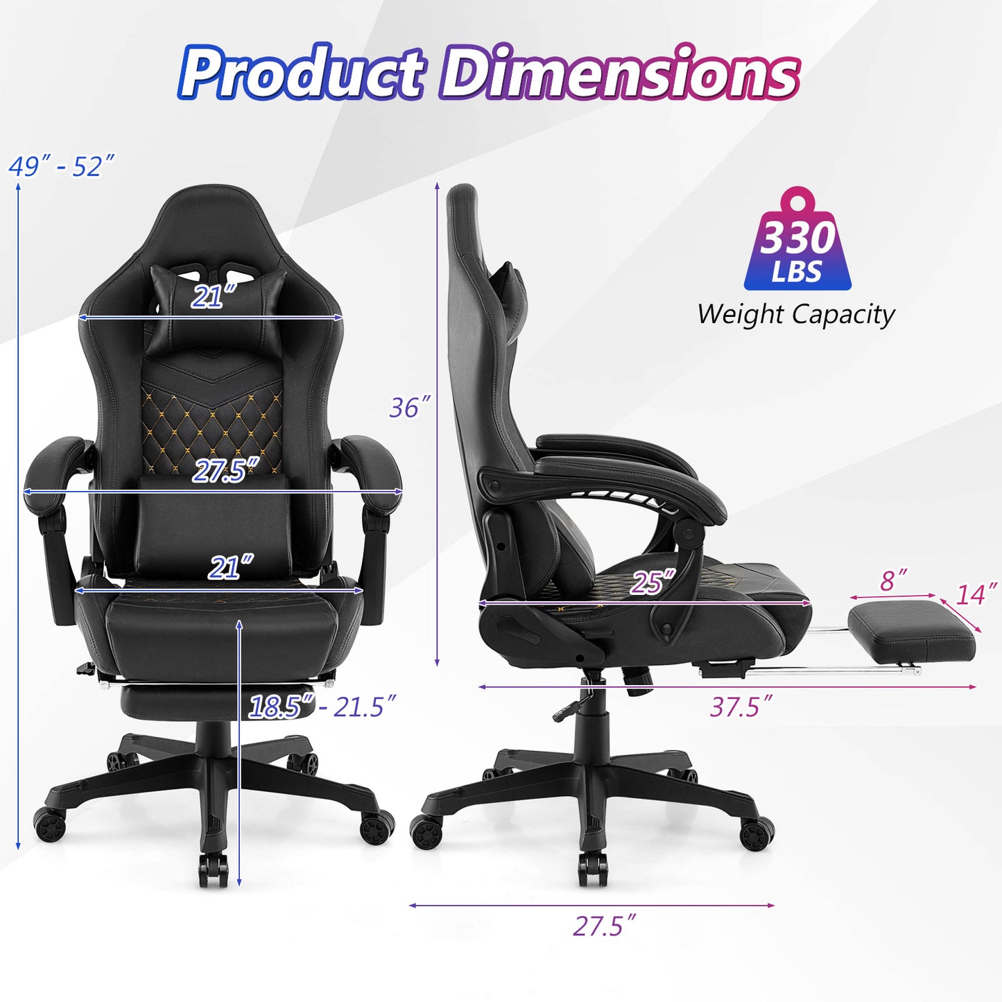 Gaming Chair with Footrest, Headrest & Lumbar Support - Black