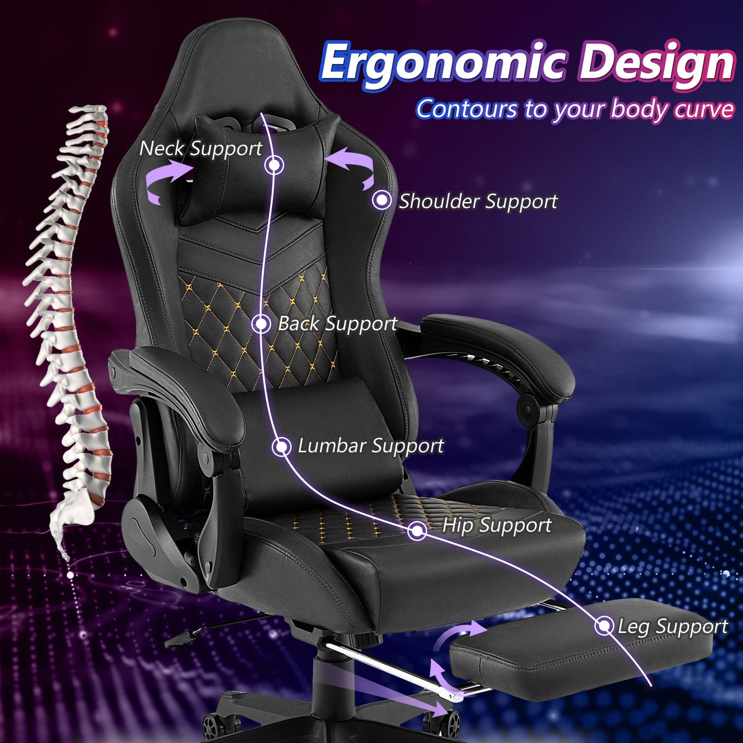 Gaming Chair with Footrest, Headrest & Lumbar Support - Black