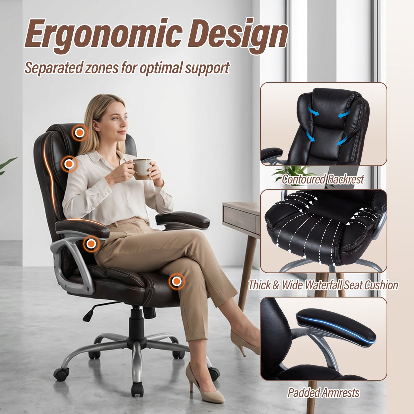 Executive Office Chair with Padded Armrests - Ergonomic