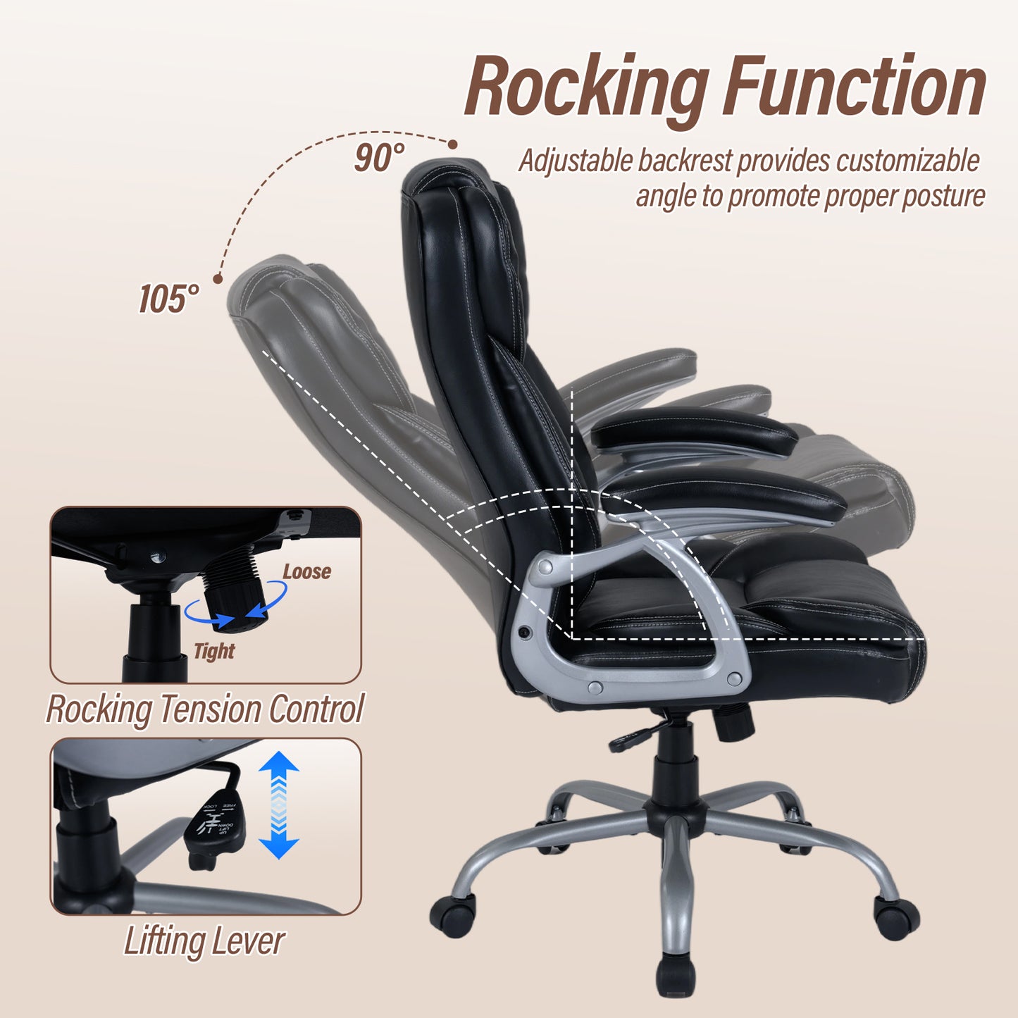 Executive Office Chair with Padded Armrests - Ergonomic