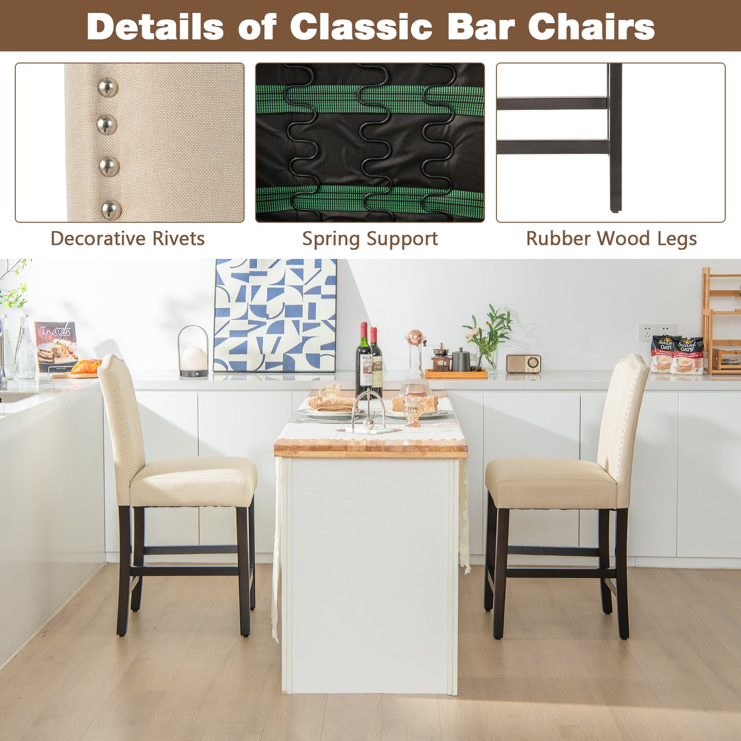 Counter Height Dining Chairs Set of 2 with Nailhead Trim
