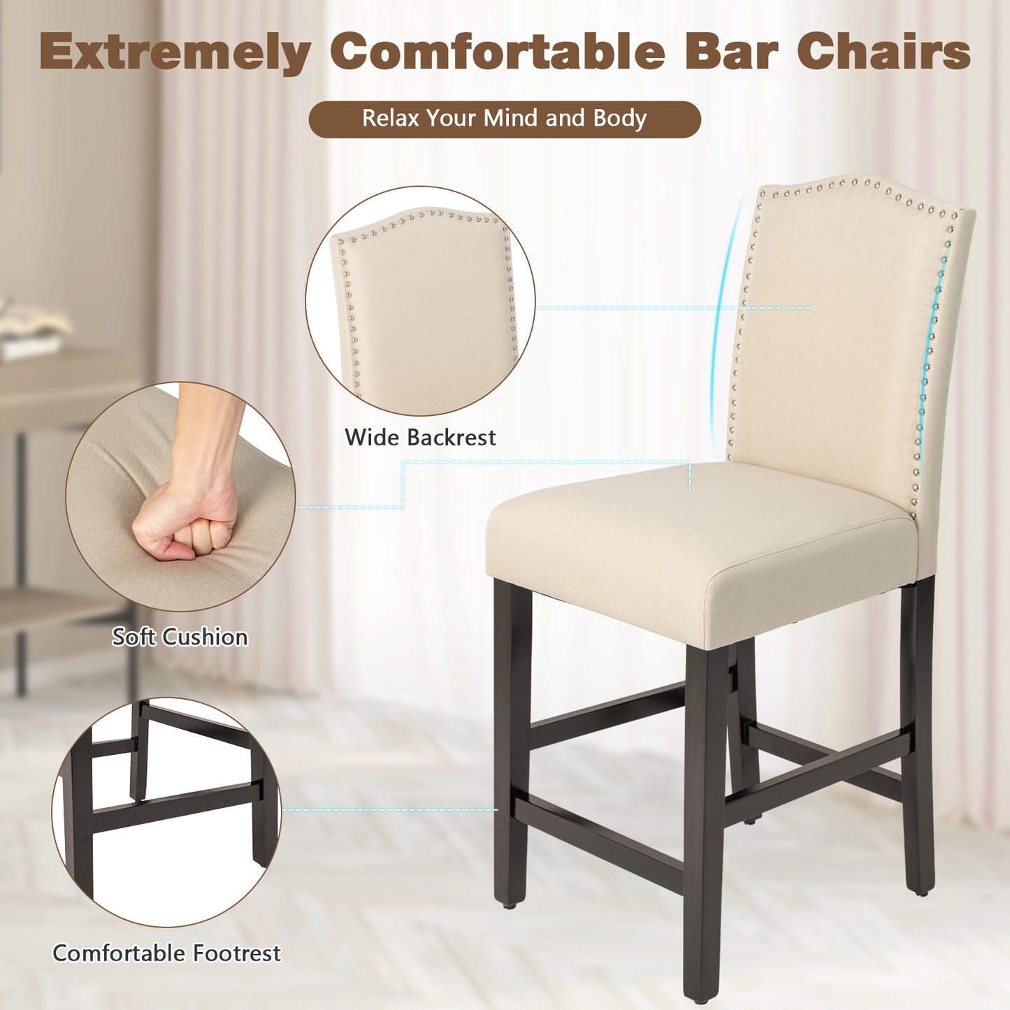 Counter Height Dining Chairs Set of 2 with Nailhead Trim