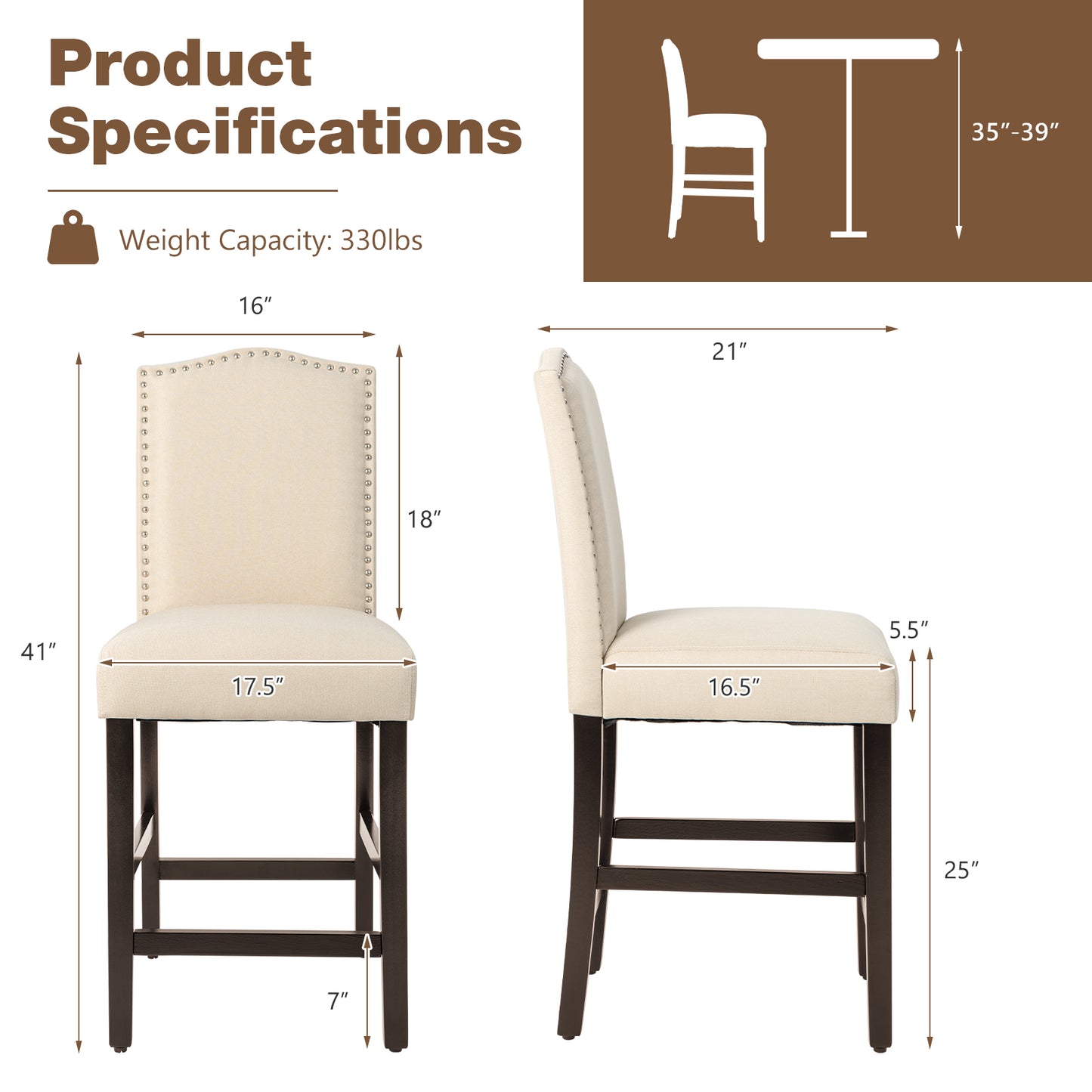 Counter Height Dining Chairs Set of 2 with Nailhead Trim
