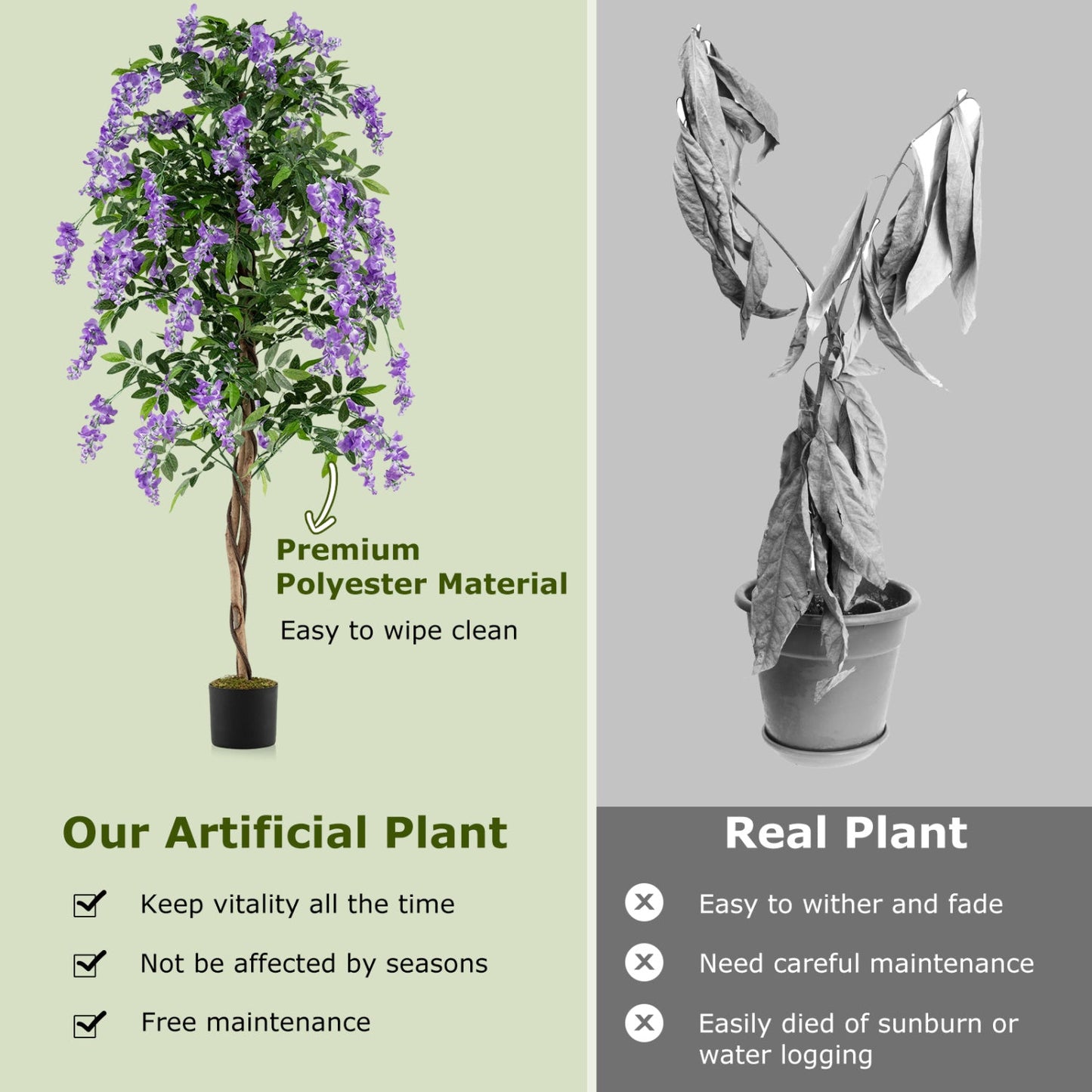 Set of 2 Fake Ficus Plant 6 FT Artificial Wisteria Tree with Natural Trunks and Purple Lifelike Flowers